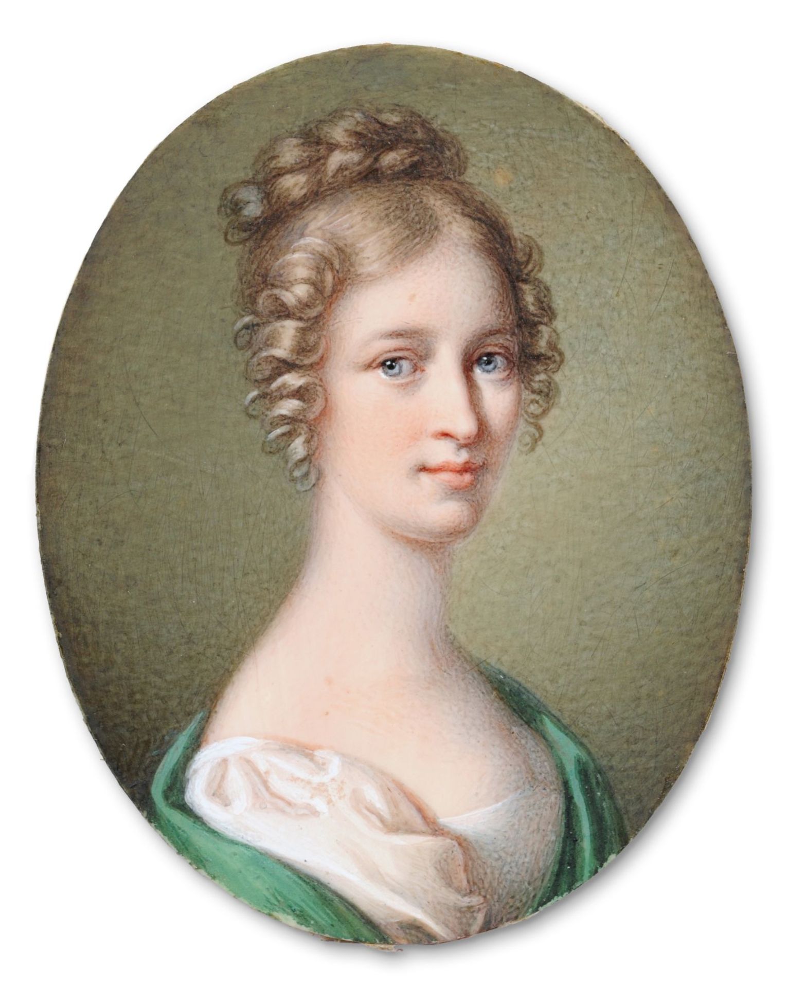 Unbekannter Maler, Damenporträt (Ovale Miniatur). Wohl 1. H. 19. Jh. Gouache auf Elfenbein.