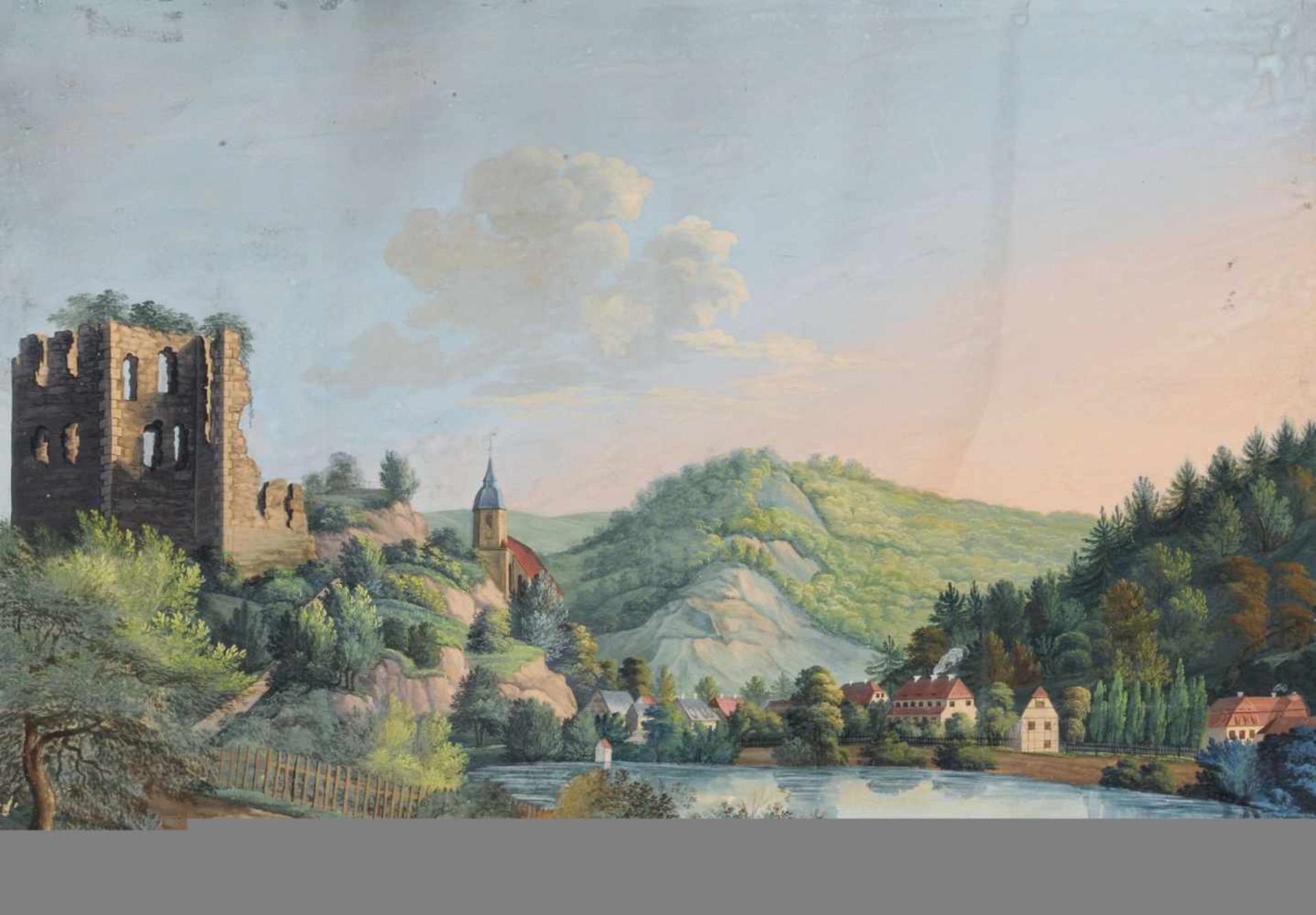 Sächsischer Aquarelllist, Blick auf Tharandt mit Burgruine und Kirche. Um 1820.Gouache auf