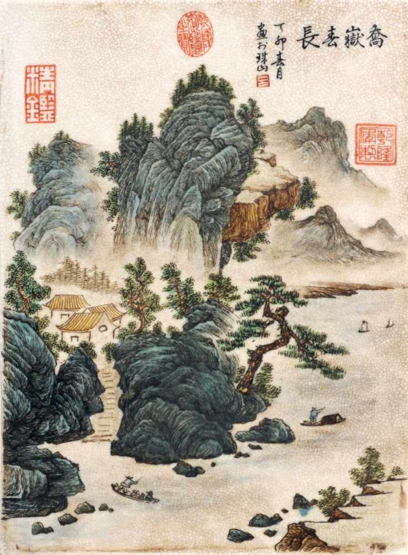 Bildplatte mit Landschaftsdarstellung. China. 19. Jh./20. Jh.Keramik, heller Scherben,