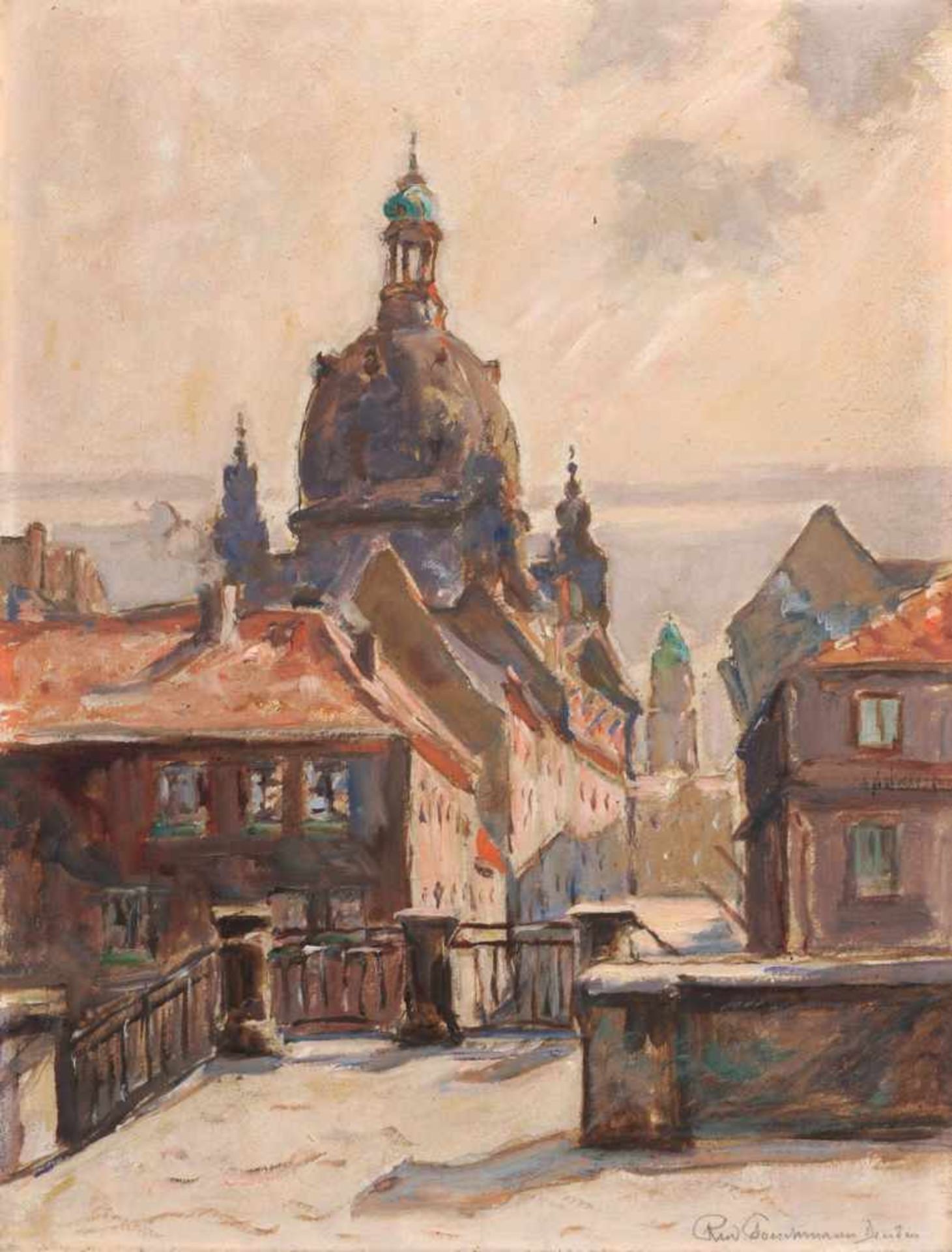 Rudolf Poeschmann, Malerwinkel Dresden - Blick auf Frauenkirche und Münzgasse. Wohl 1920er/1930er