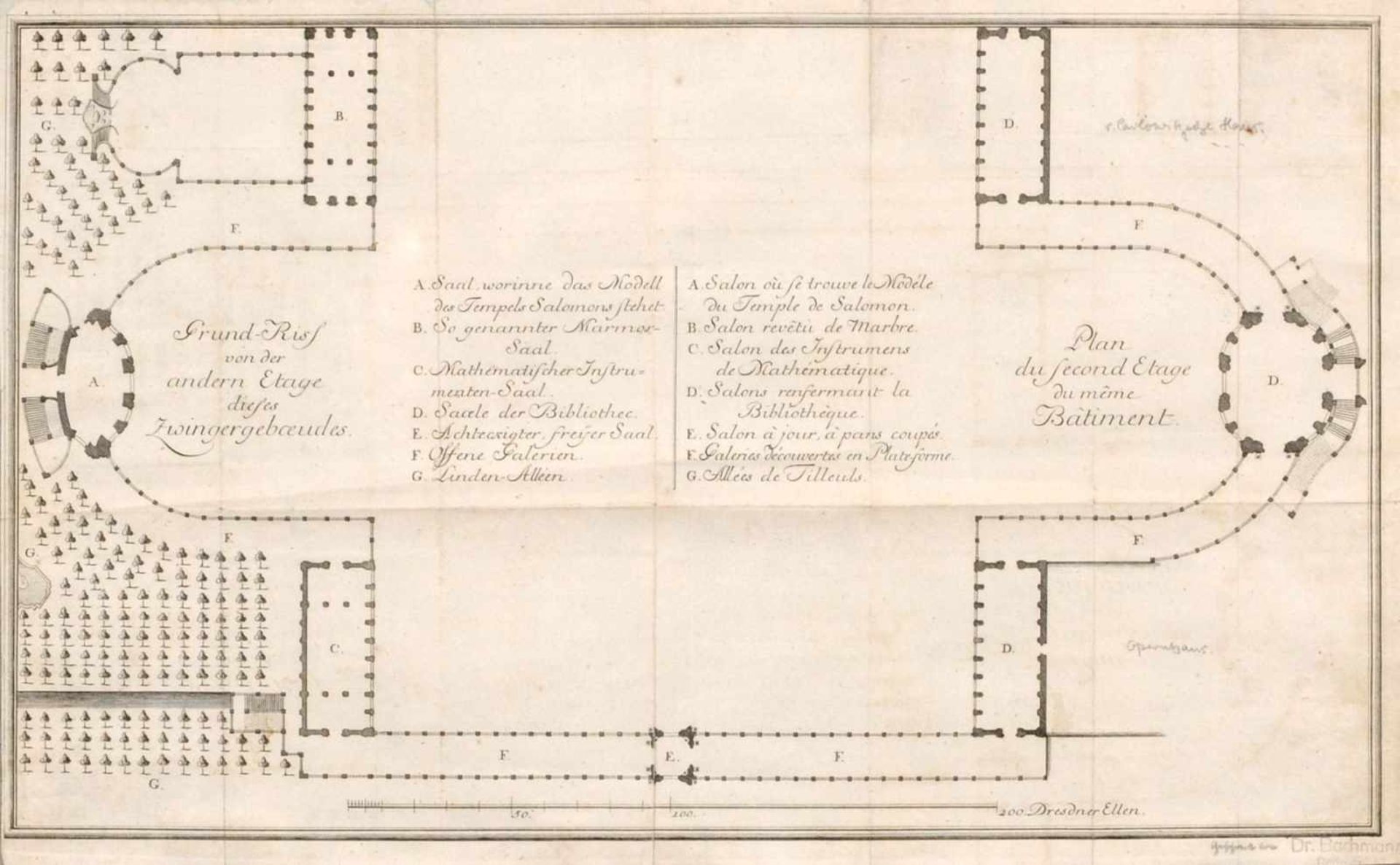 Unbekannter Stecher, Zwei Grundrisse des Dresdner Zwingers. 1755.Christian Heinrich Eilenburg
