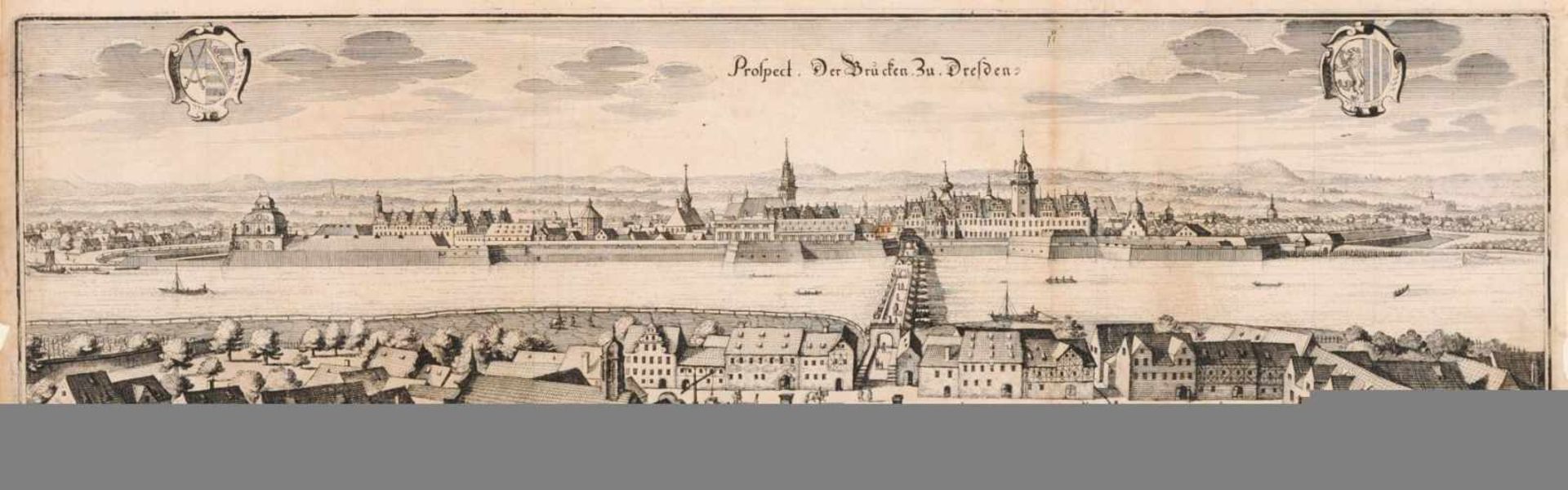 Caspar Merian "Prospect. Der Brücken. Zu. Dresden". 1650.Caspar Merian 1627 Frankfurt/M.  1686