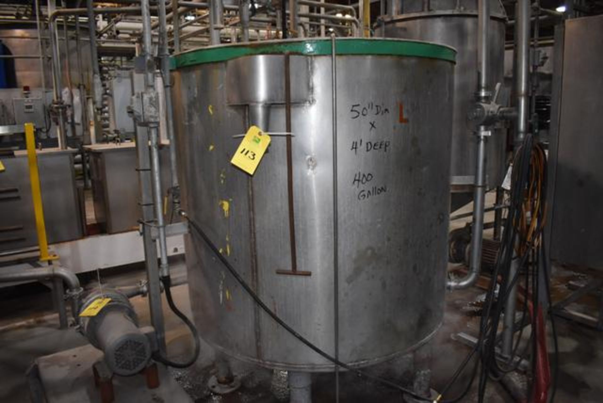 Stainless Steel Tank, 50" Diameter x 48" Depth, Rated 400 Gal. Capacity, Steel Leg Base