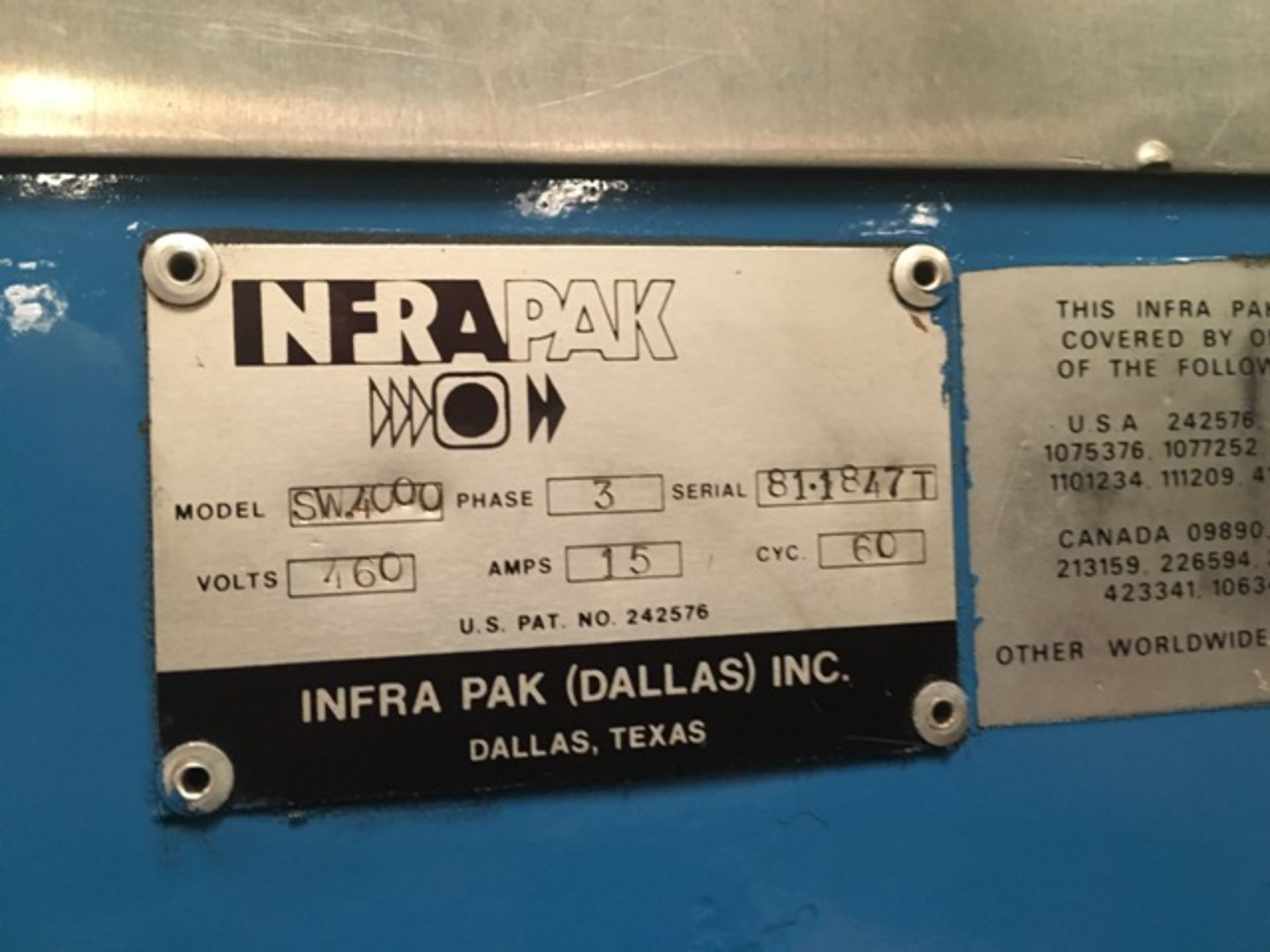 NFRA PAK Shrink Wrapper, Model #SW4000, Serial #81-1847T, 460 Volts, 3 Phase, 15 Amps - Image 3 of 3