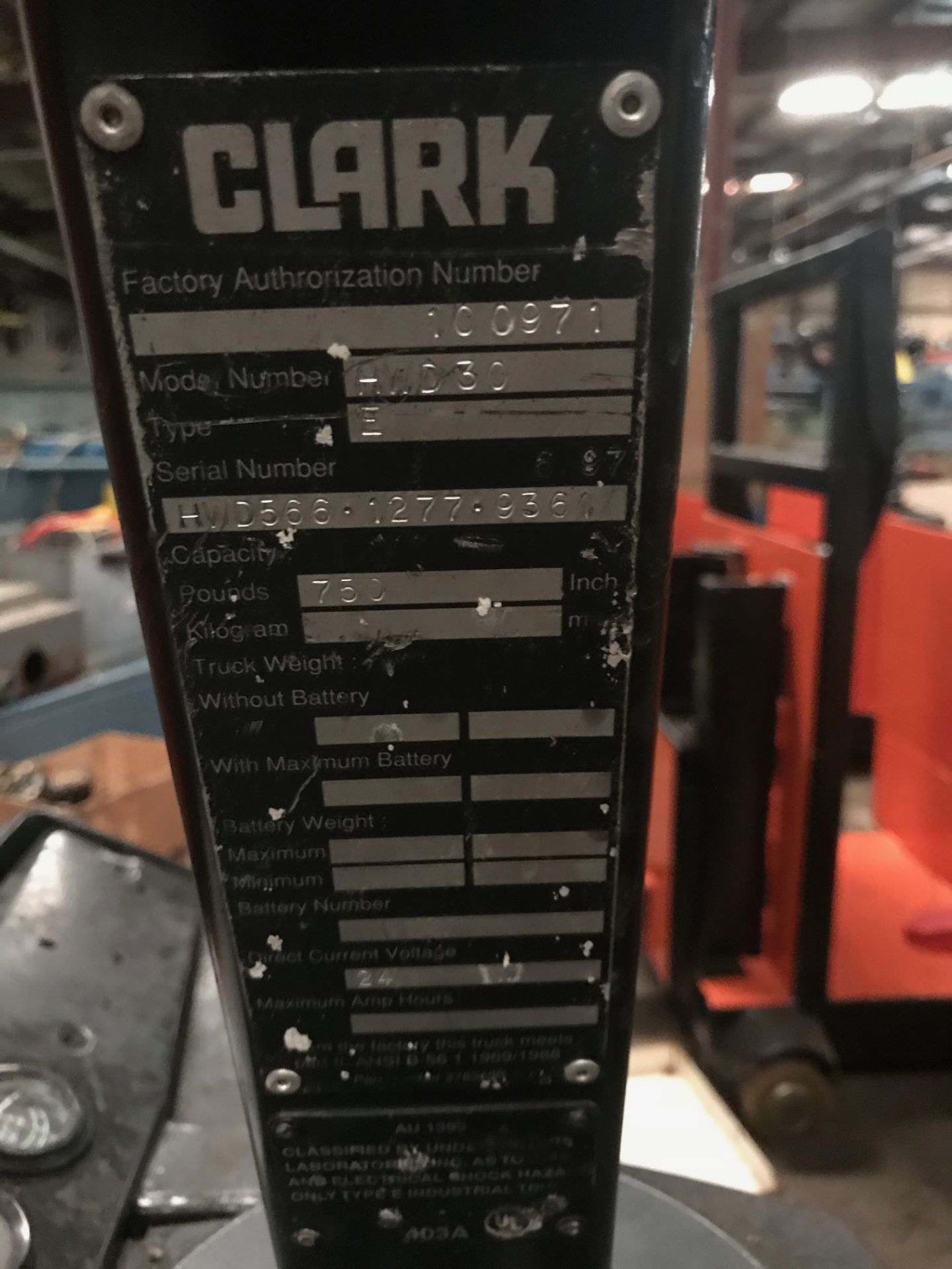 Clark Electric Pallet Jack, Model #HWD 30, 24 Volts, Serial #HWD5661277936 - Image 3 of 3