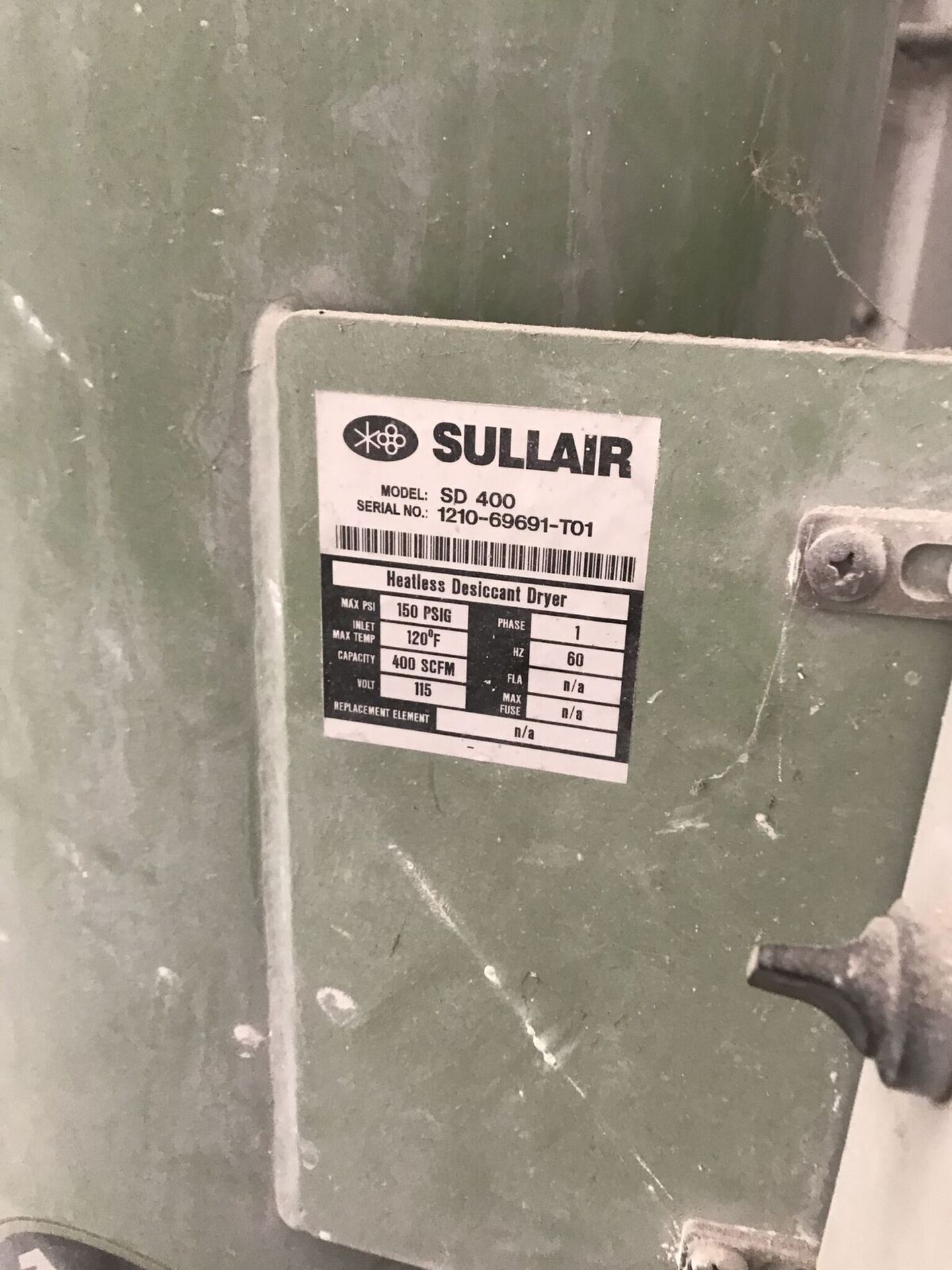 Sullair Heatless Desiccant Dryer, Model #SD-400, Serial #1210-69691-T01, 150 Max PSI, 115 Volts - Image 2 of 3