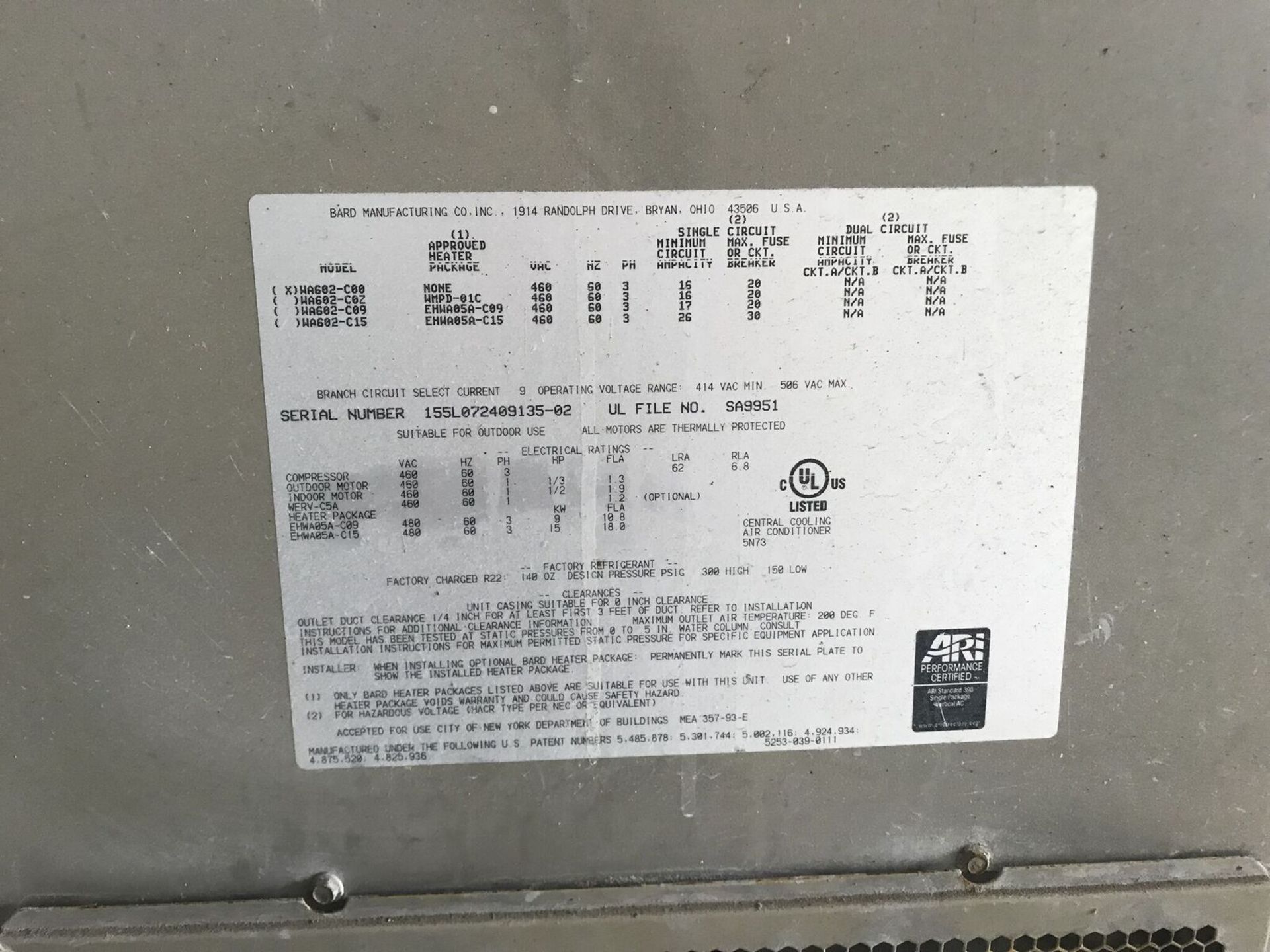 Bard Air Conditioning Unit, Serial #155L072409135-02 - Image 2 of 3