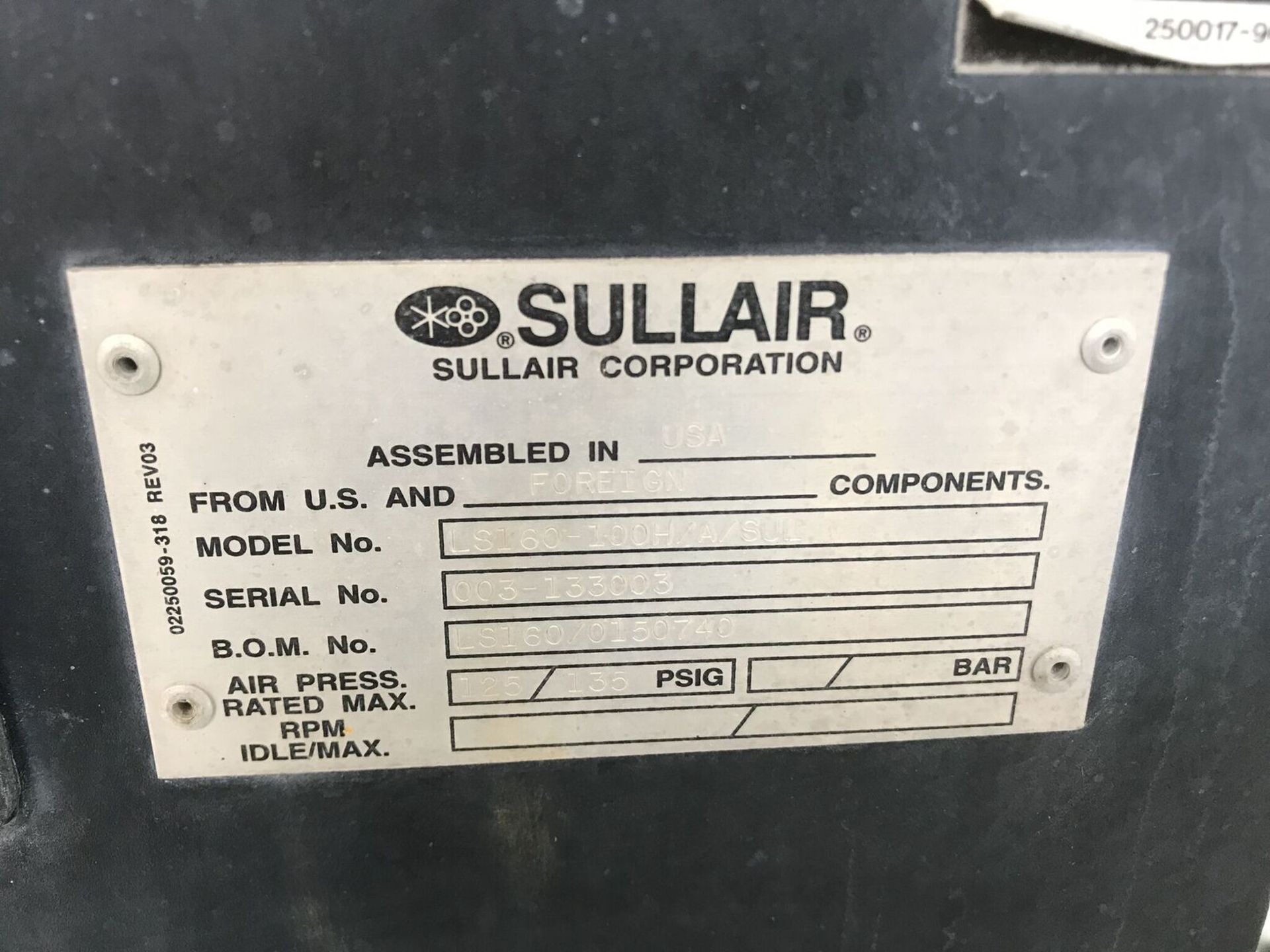 Sullair Air Compressor, Model #LS-160-100H/A/SU, Serial #003-133003 - Image 3 of 4