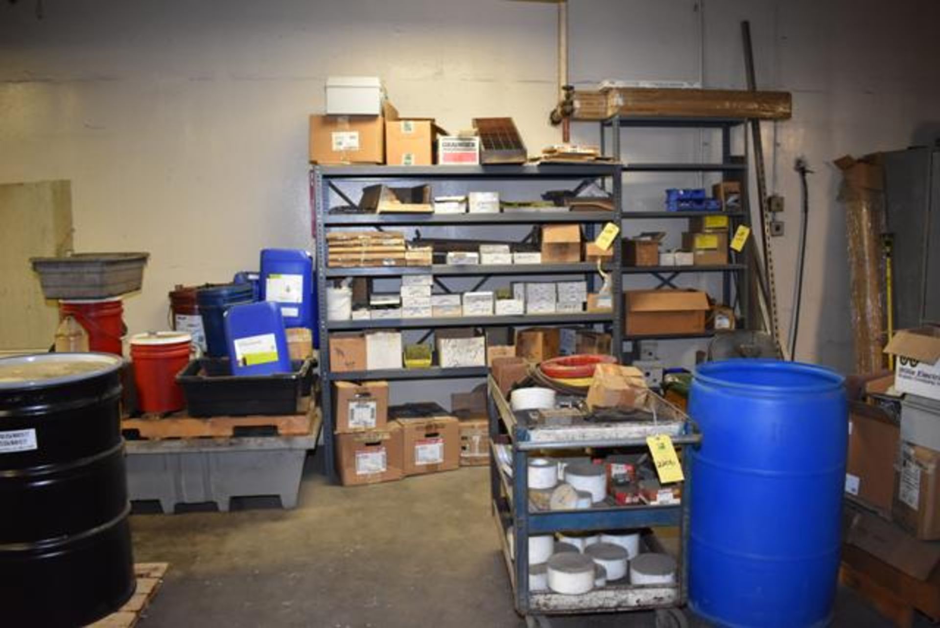 Plant Support, (2) Shelf Units, (1) 4-Wheel Cart, Contents - Baldor Motors, Automation Direct