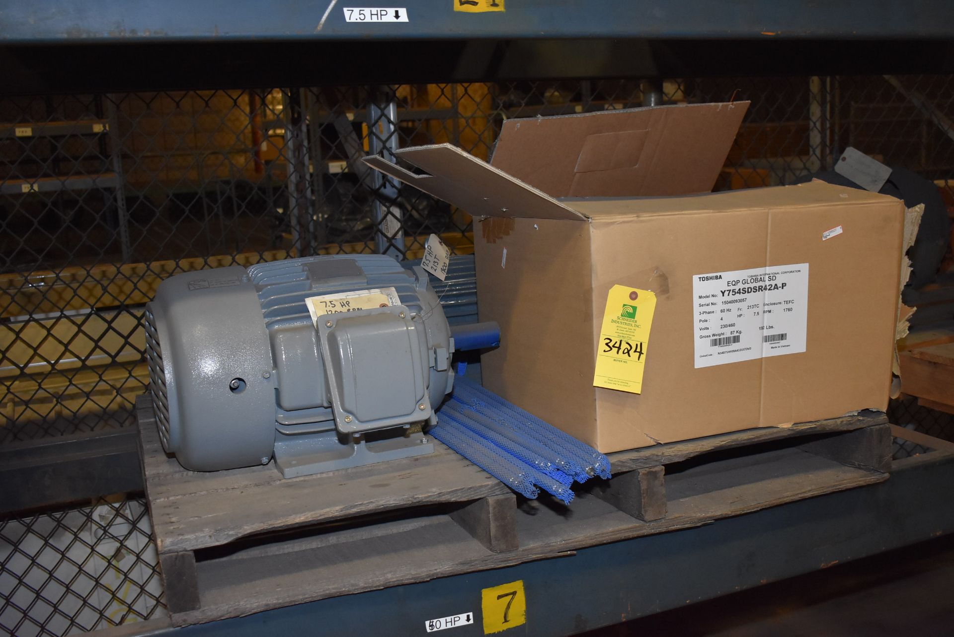 Pallet - (1) Toshiba Y754SD Series 7.5 HP Motor, (1) Teco 7.5 HP Motor, (1) 7 1/2 HP Motor/1800 RPM