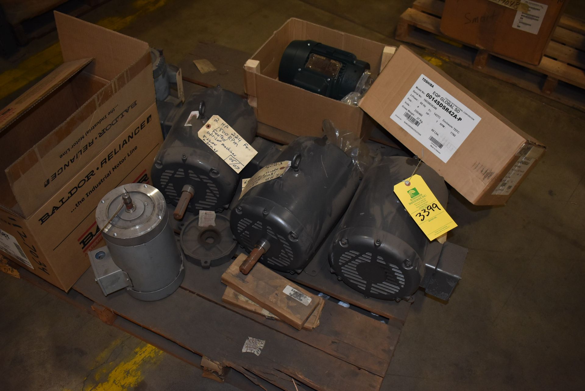 Pallet - (1) Toshiba #00145D Series 1 HP Motor, (1) Baldor #EM3558T Motor, (3) 2 HP Motors, (2)