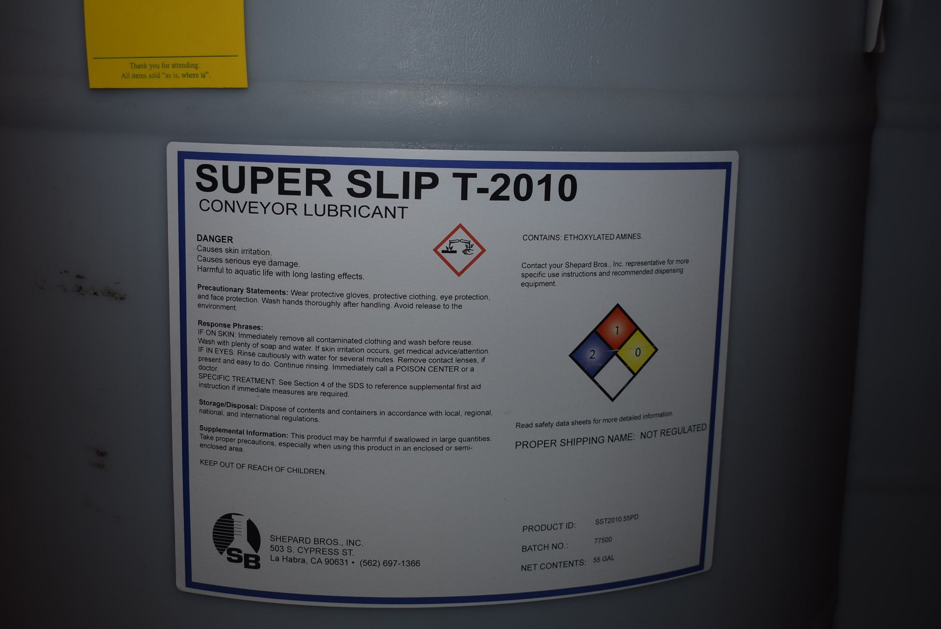 (4) Drums SB Shepard # Super Slip T-2010 Conveyor Lubricant (55 Gallon Drum), RIGGING FEE: $40 - Image 2 of 2