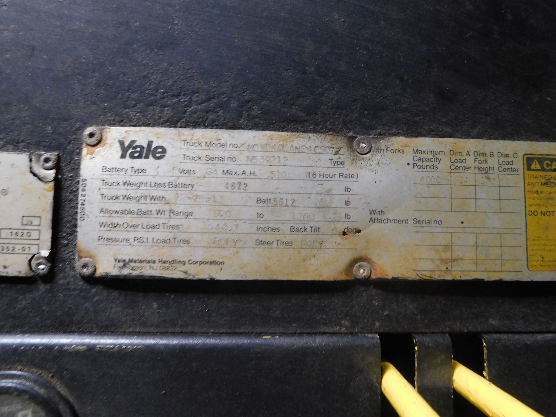 Yale Electric Pallet Jack, Model #MCW040LN24CS072, 510 Amps, 24 Volts, 3 ft. Forks, Serial # - Image 6 of 8