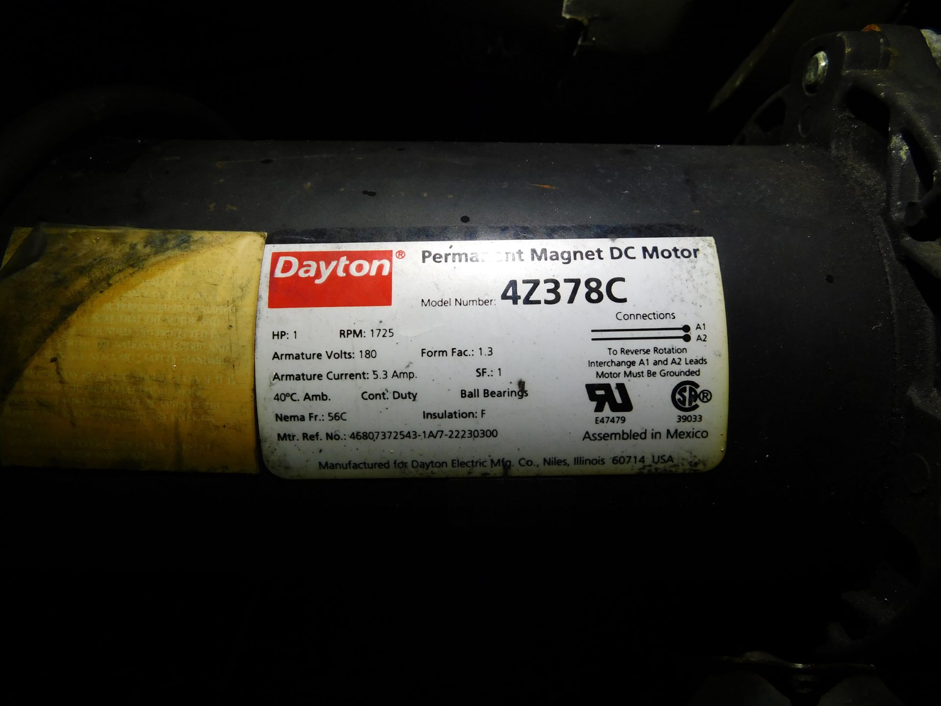 (7) Gear Boxes: Dayton Model# 4Z378C, 1 HP, 1725 RPM, 180 Volts; Reliance Model# 502900-3V, 3/4 - Image 6 of 9