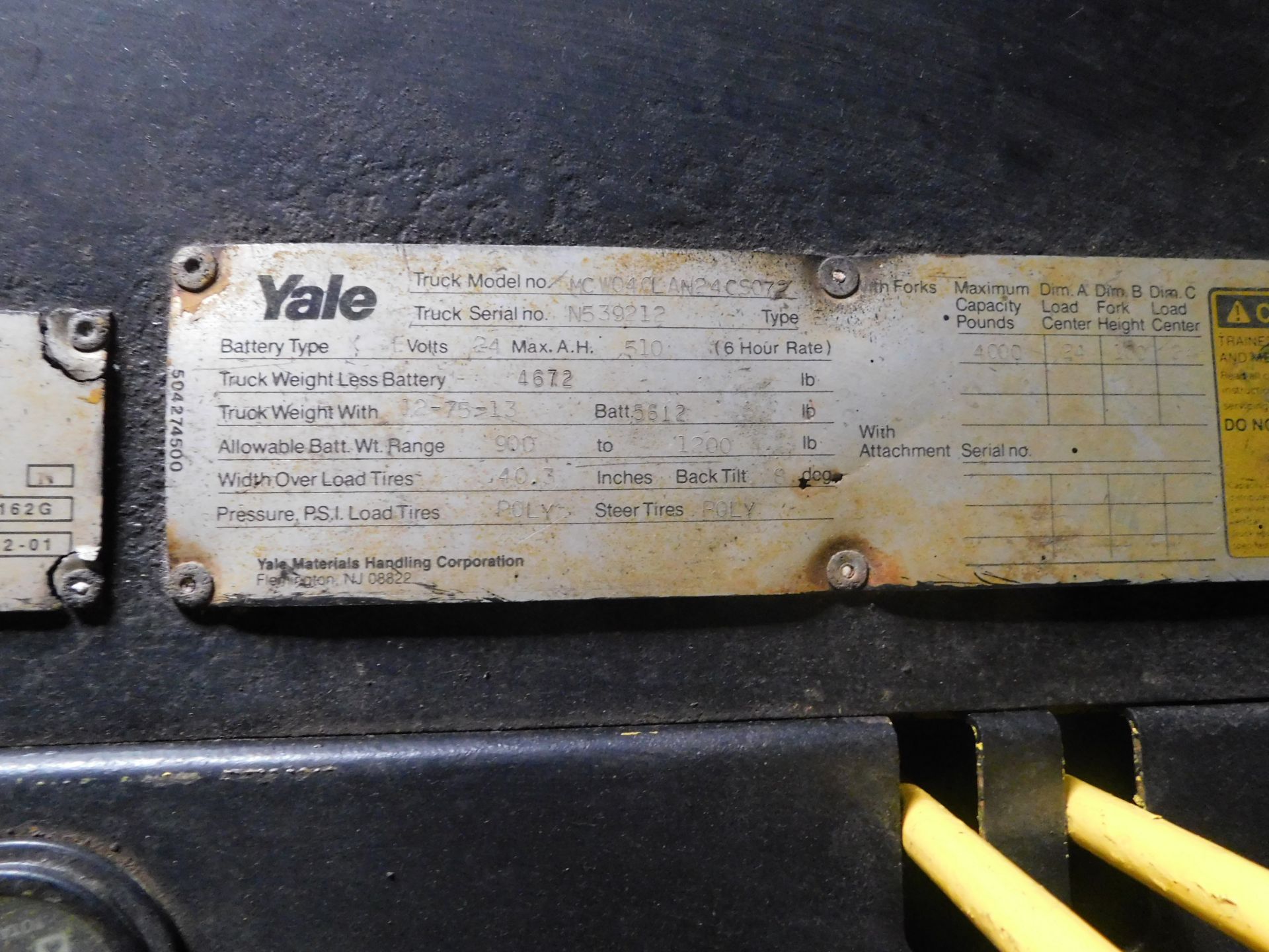 Yale Electric Pallet Jack, Model #MCW040LN24CS072, 510 Amps, 24 Volts, 3 ft. Forks, Serial # - Image 7 of 8