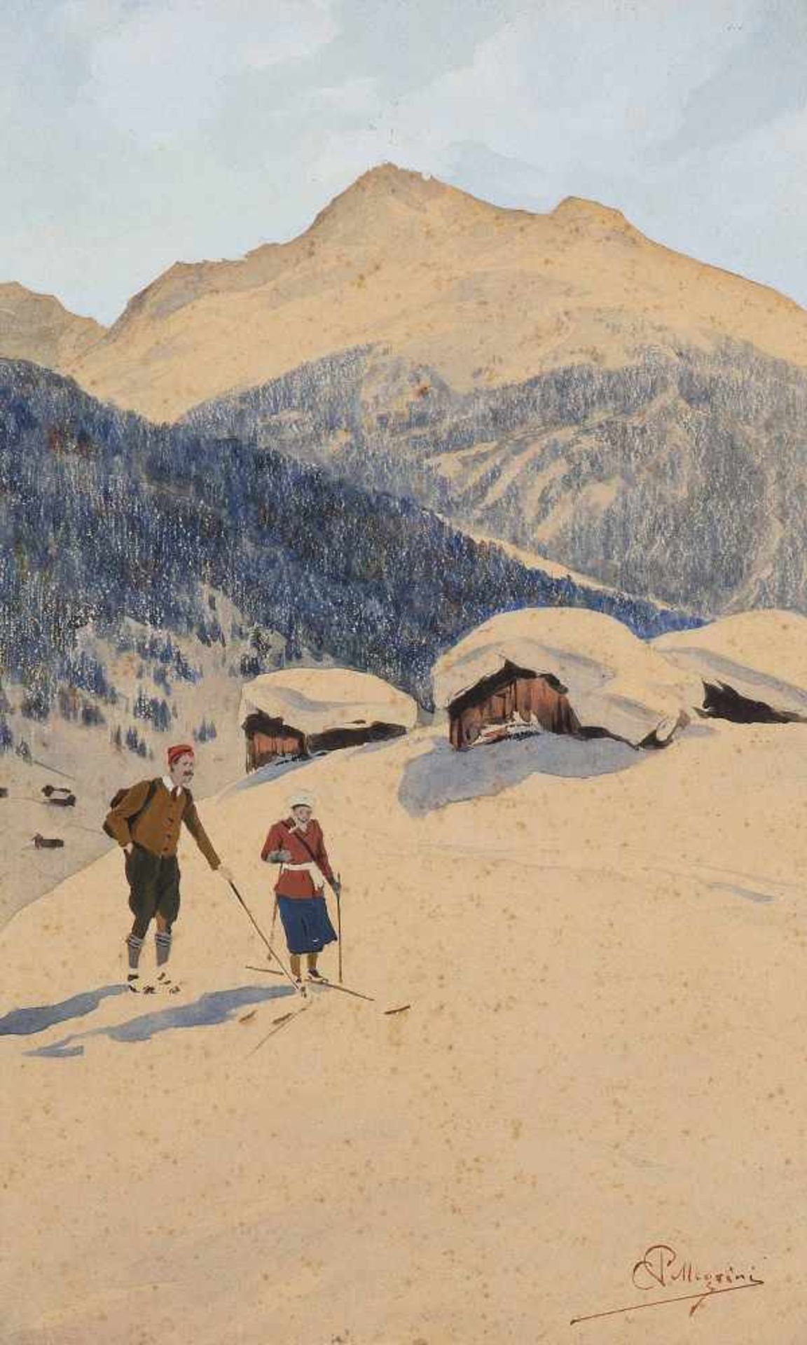 Pellegrini, Carlo (Albese 1866-1937 Albese) Skifahrer im Gebirge. Aquarell und Gouache auf