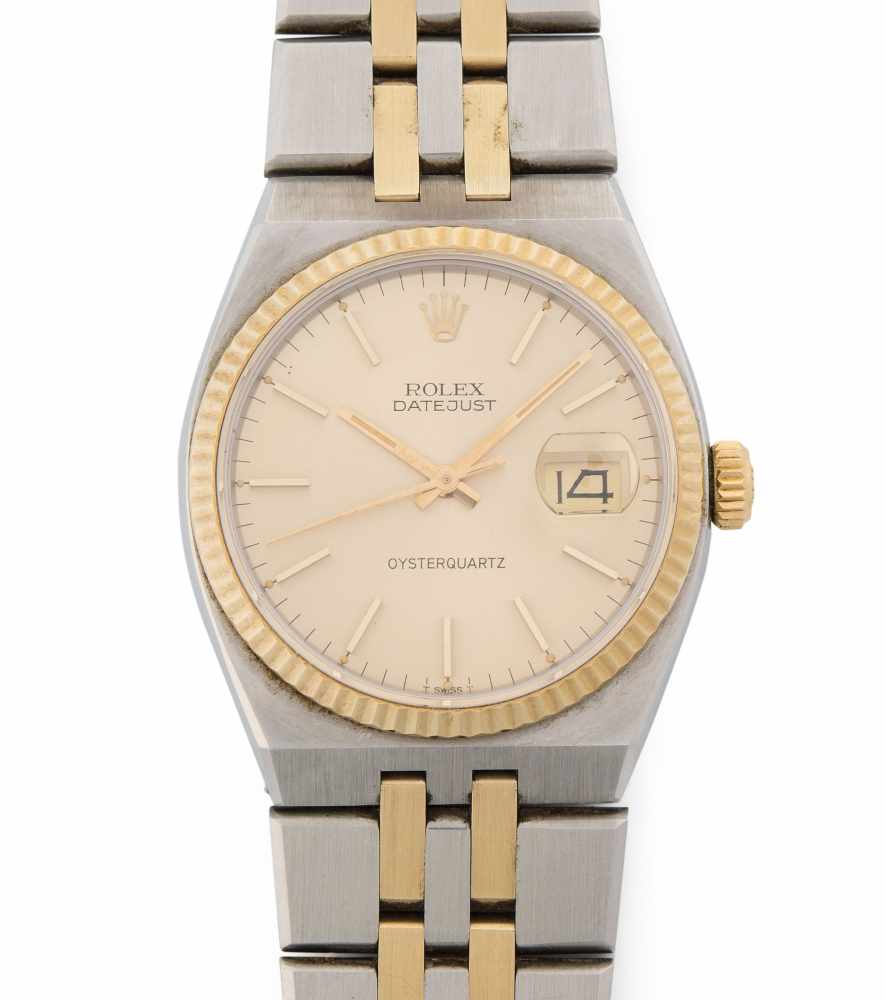 Rolex Datejust Runde Herrenarmbanduhr 60er Jahre mit Quarzwerk in Gelbgold/Edelstahlgehäuse, Boden