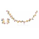 Multicolor-Saphir-Brillant-Set Italien. 750 Gelb- und Weissgold. Bezauberndes Floralmotiv. Collier