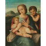 Italien, 16.Jh. in der Art von Raffael Maria mit Kind und Johannesknaben. Öl auf Holz. 60,2x45,4 cm.