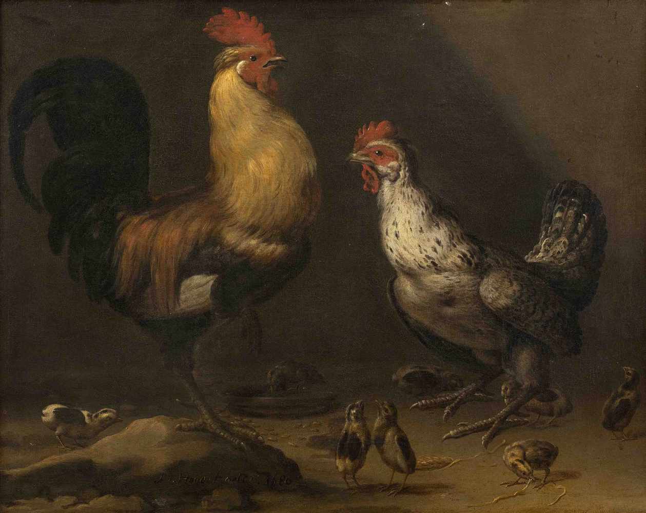 Hondecoeter, Melchior de (Utrecht 1636–1695 Amsterdam) Nachfolger Hahn, Henne und Küken. Öl auf