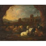 Neapel, Anfang 18.Jh. Hirte mit seiner Herde in Ruinenlandschaft. Öl auf Leinwand. 39,4x50 cm. -