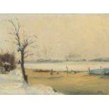 Delpy, Hippolyte Camille (Joigny 1842–1910 Paris) Verschneite Flusslandschaft. Öl auf Holz. Unten