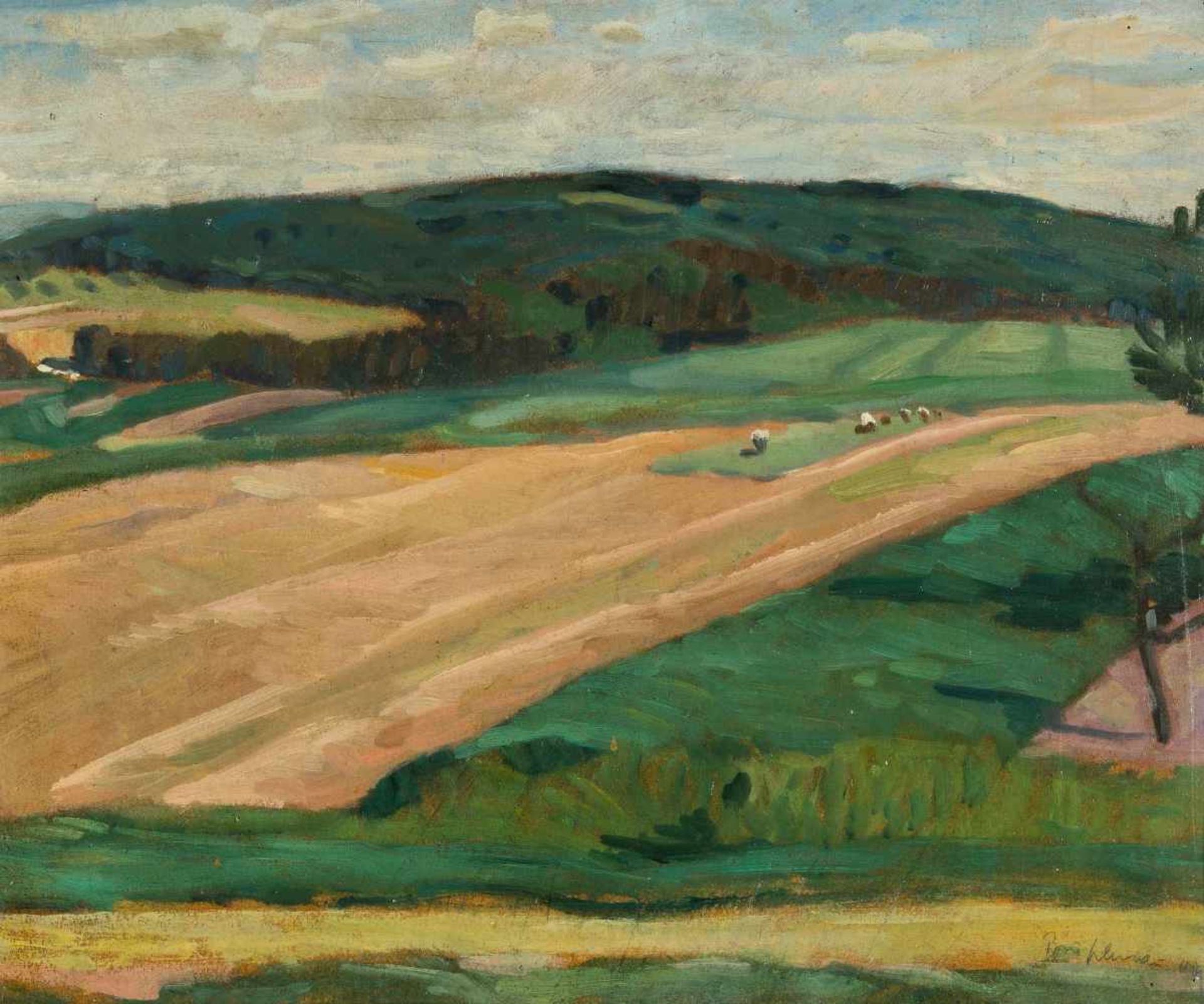 Brühlmann, Hans (Amriswil 1878–1911 Stuttgart) "Hügellandschaft mit Acker", 1904. Öl auf Karton.