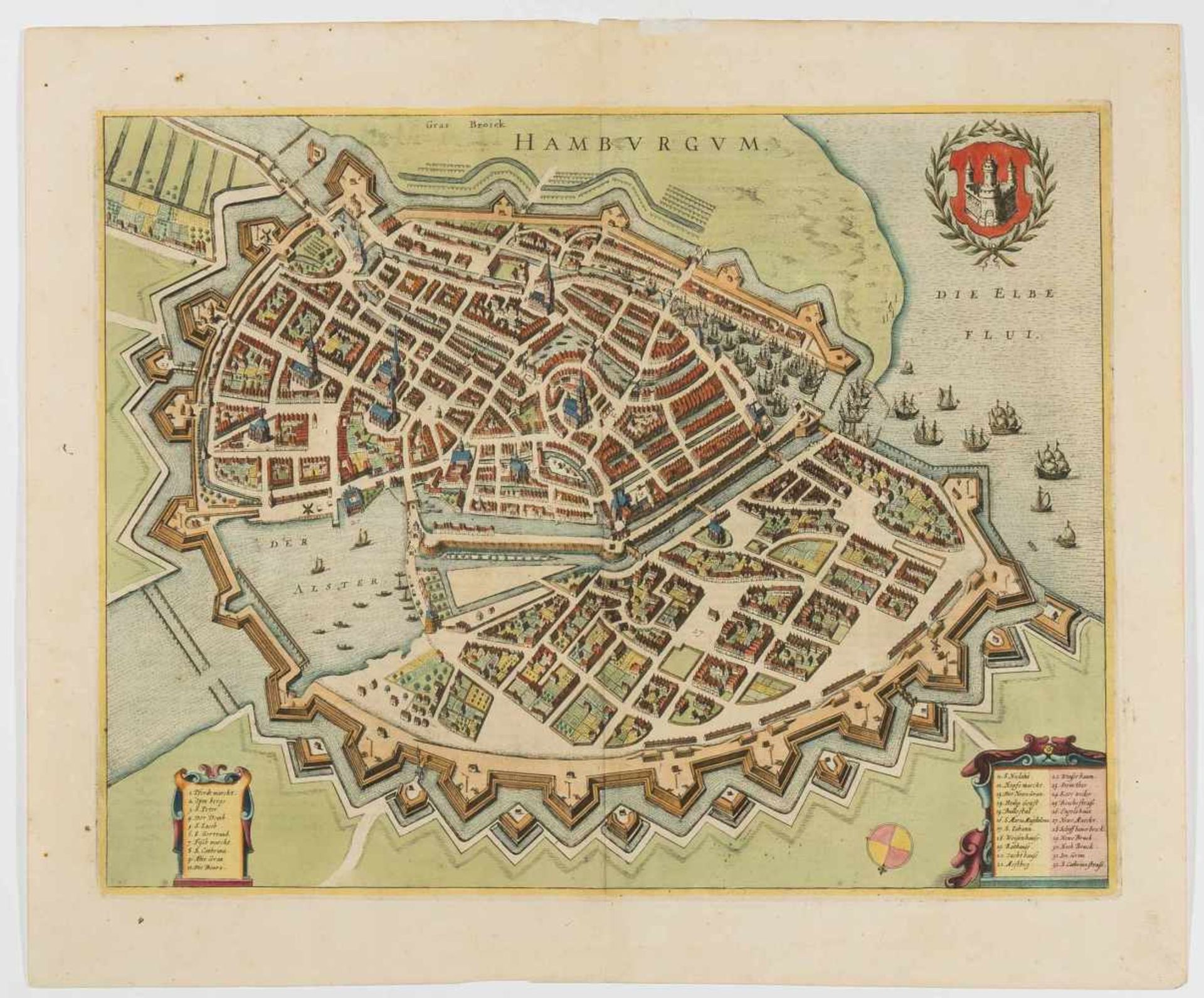 Hamburg "HAMBVRGVM". Kolor. Kupferst. aus Janssons Theatrum, Amsterdam, 1657/60. 38,7x50,2 cm. - Bild 2 aus 2