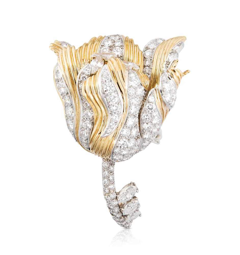 Tiffany Diamant-Brosche 1970er Jahre. Signiert Tiffany & Co. 950 Platin/750 Gelbgold. Stilisierte