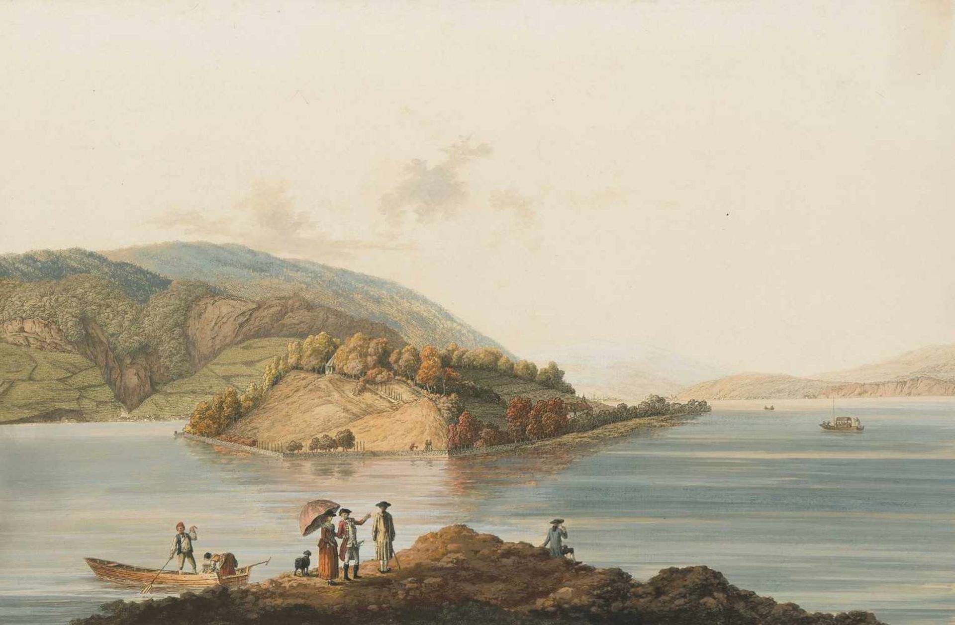 Hartmann, Johann Joseph (Mannheim 1753–1830 Cotterd) "Premiere Vuë De l'Isle St. Pierre Sur Le Lac
