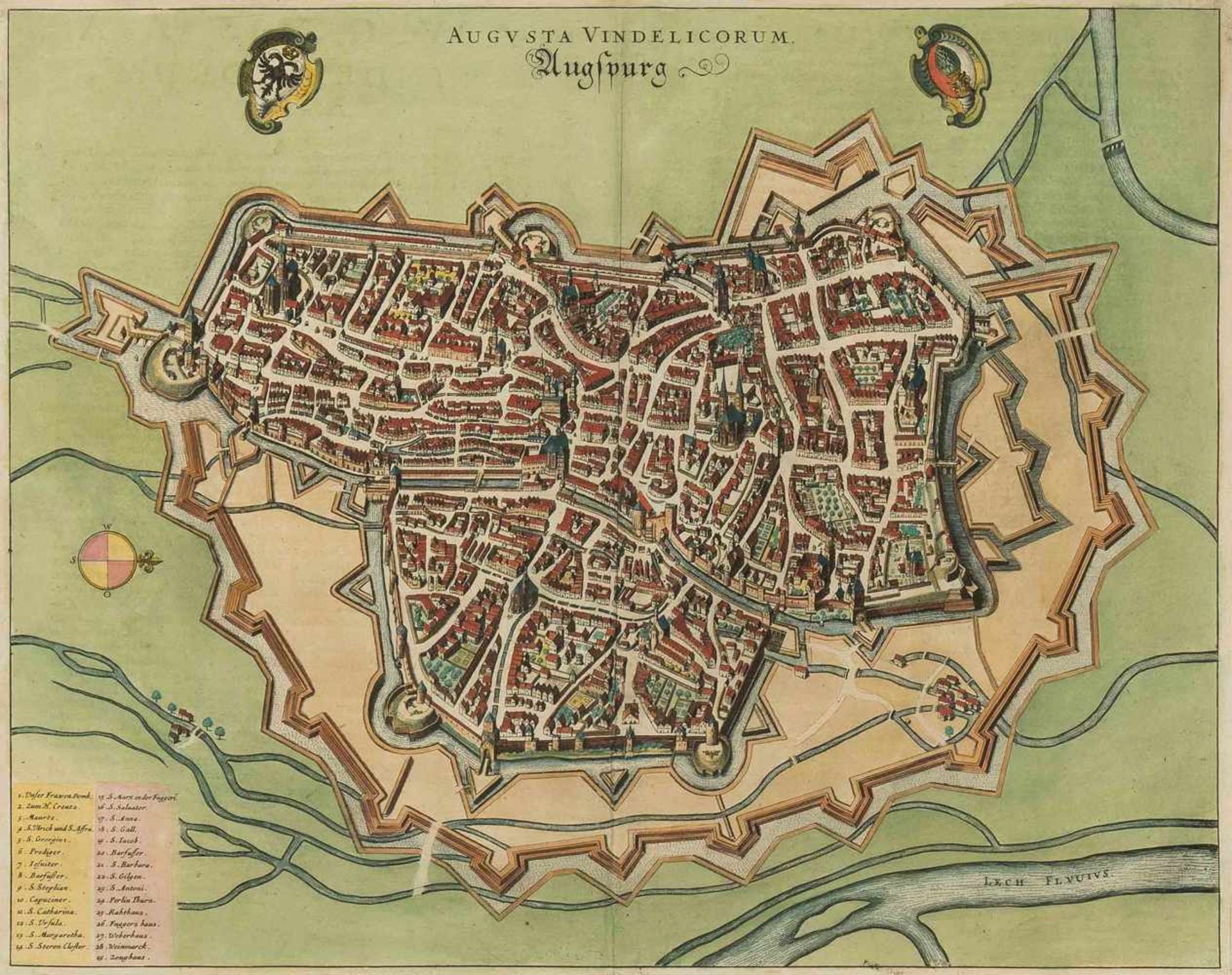 Augsburg "AVGVSTA VINDELICORVM. Augspurg". Kolor. Kupferst. aus Janssons Theatrum, Amsterdam, 1657/