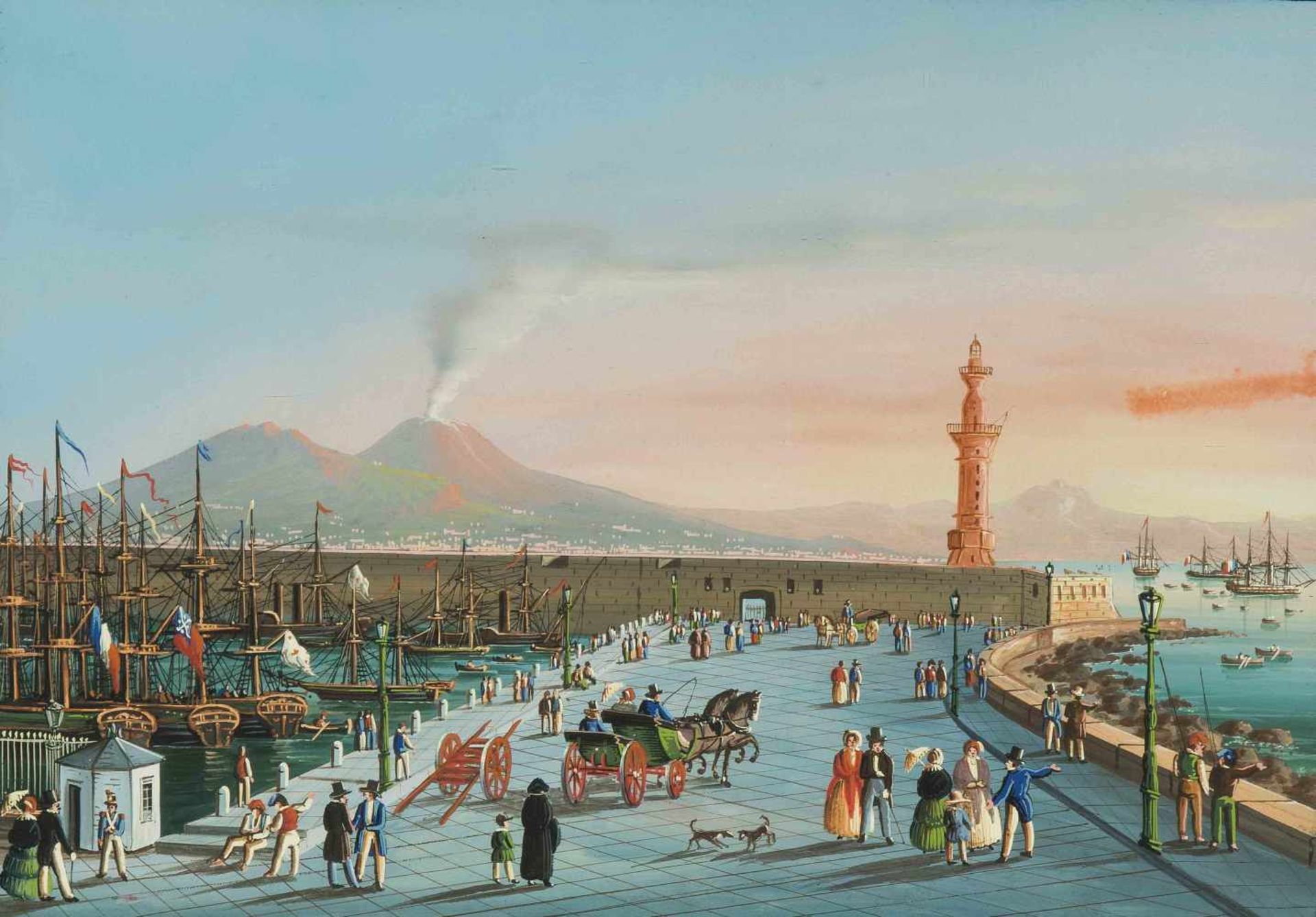 Neapel "Strada del Molo di Napoli". Anonyme Gouache, um 1880. 31x43,5 cm. Gerahmt. - Grau