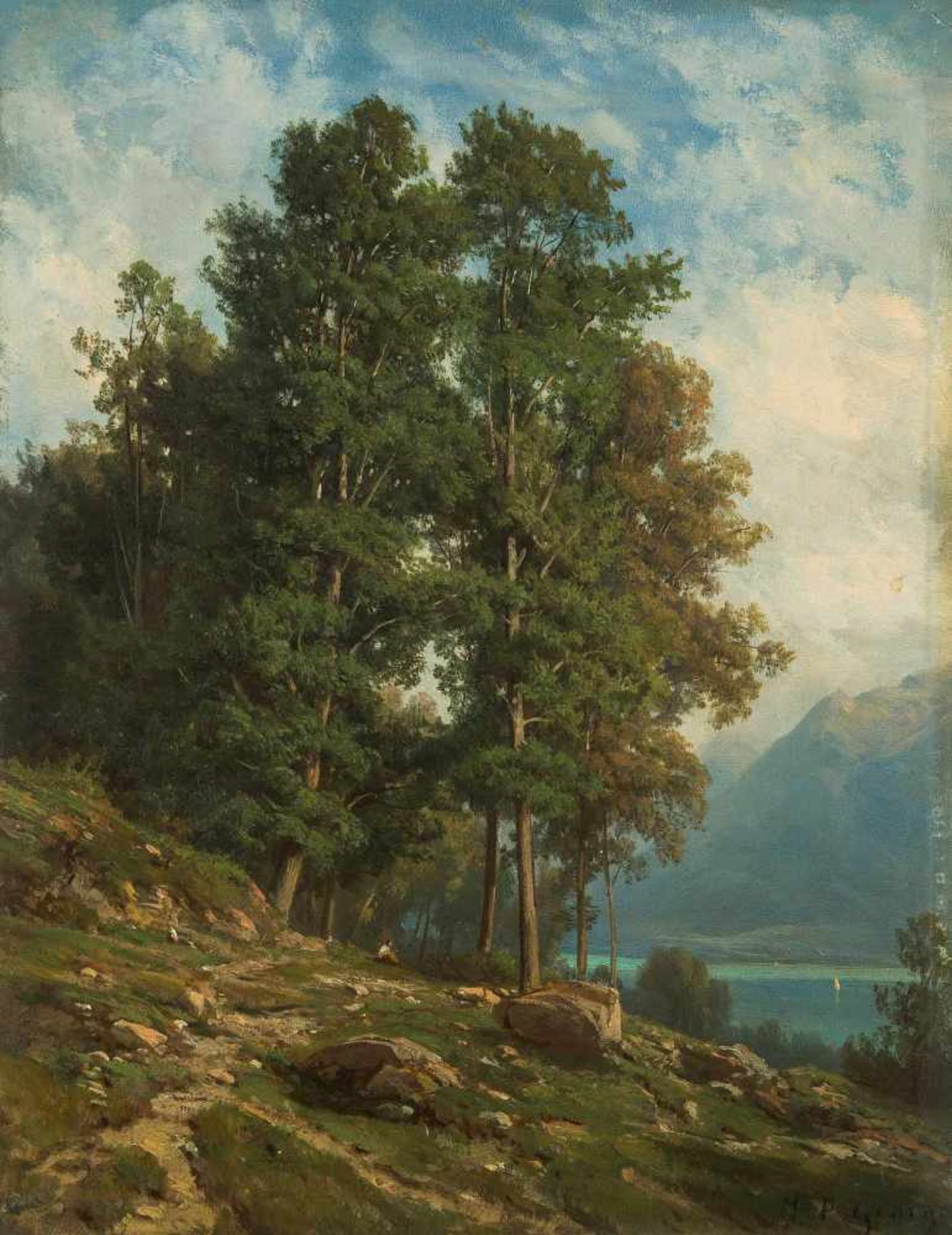 George-Julliard, Jean-Philippe (1818 Genf 1888) Blick von einer bewaldeten Anhöhe auf den Genfersee.