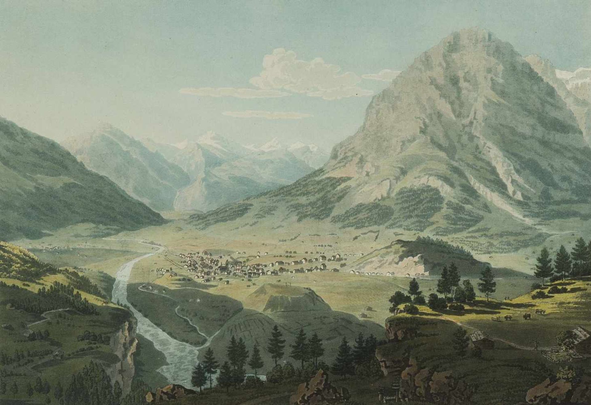 Keller, Heinrich (1778 Zürich 1862) "Ansicht der Gegend von Glarus". Kol. Aquatinta-Radierung um