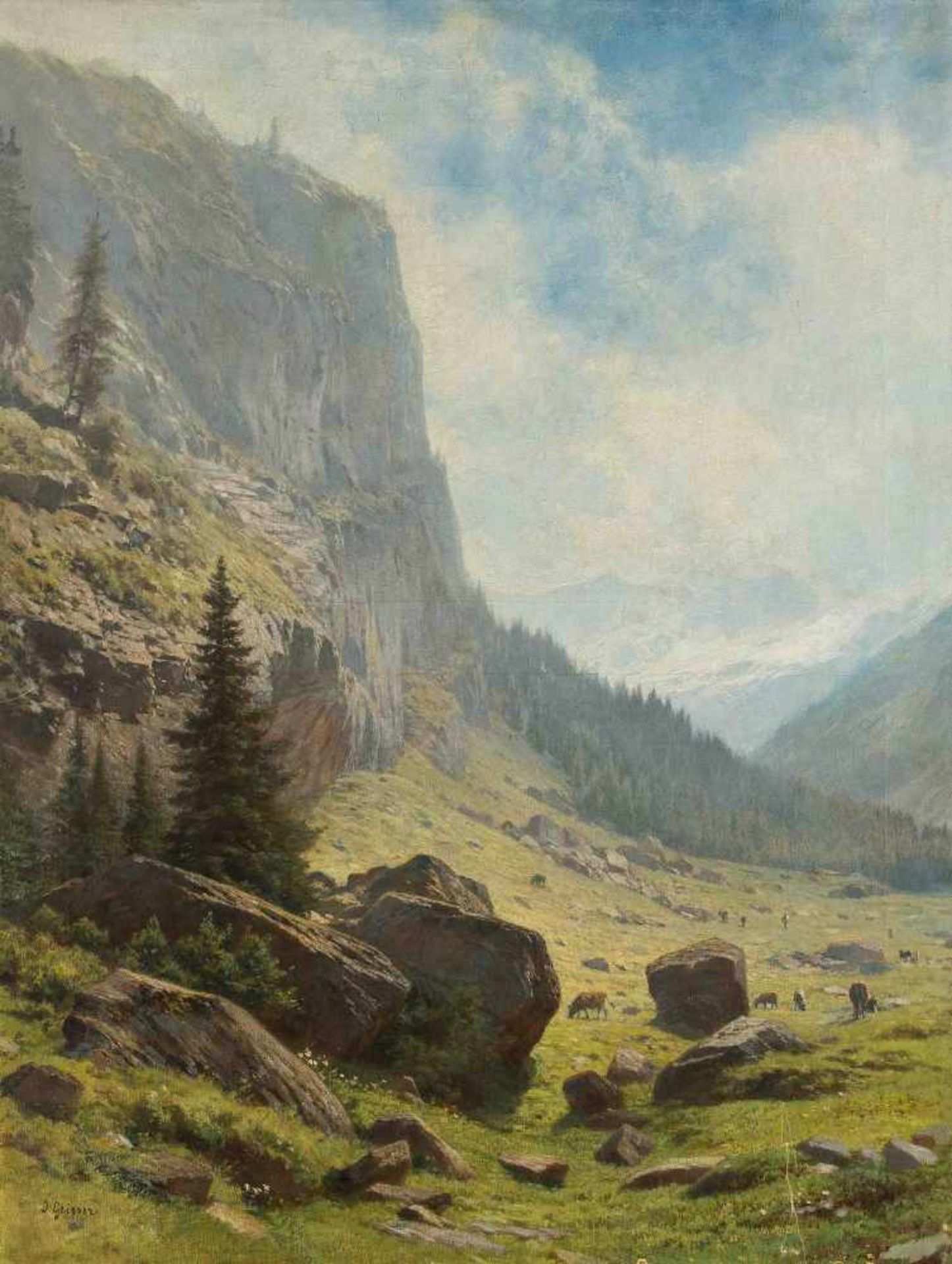 Geisser, Joseph (Altstätten 1824–1894 Lausanne) Weidende Kühe in alpiner Landschaft. Unten links