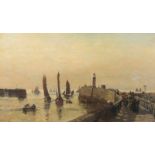 Weber, Theodor (Leipzig 1838–1907 Paris) Anlegen im Hafen. Öl auf Leinwand. Unten links signiert.