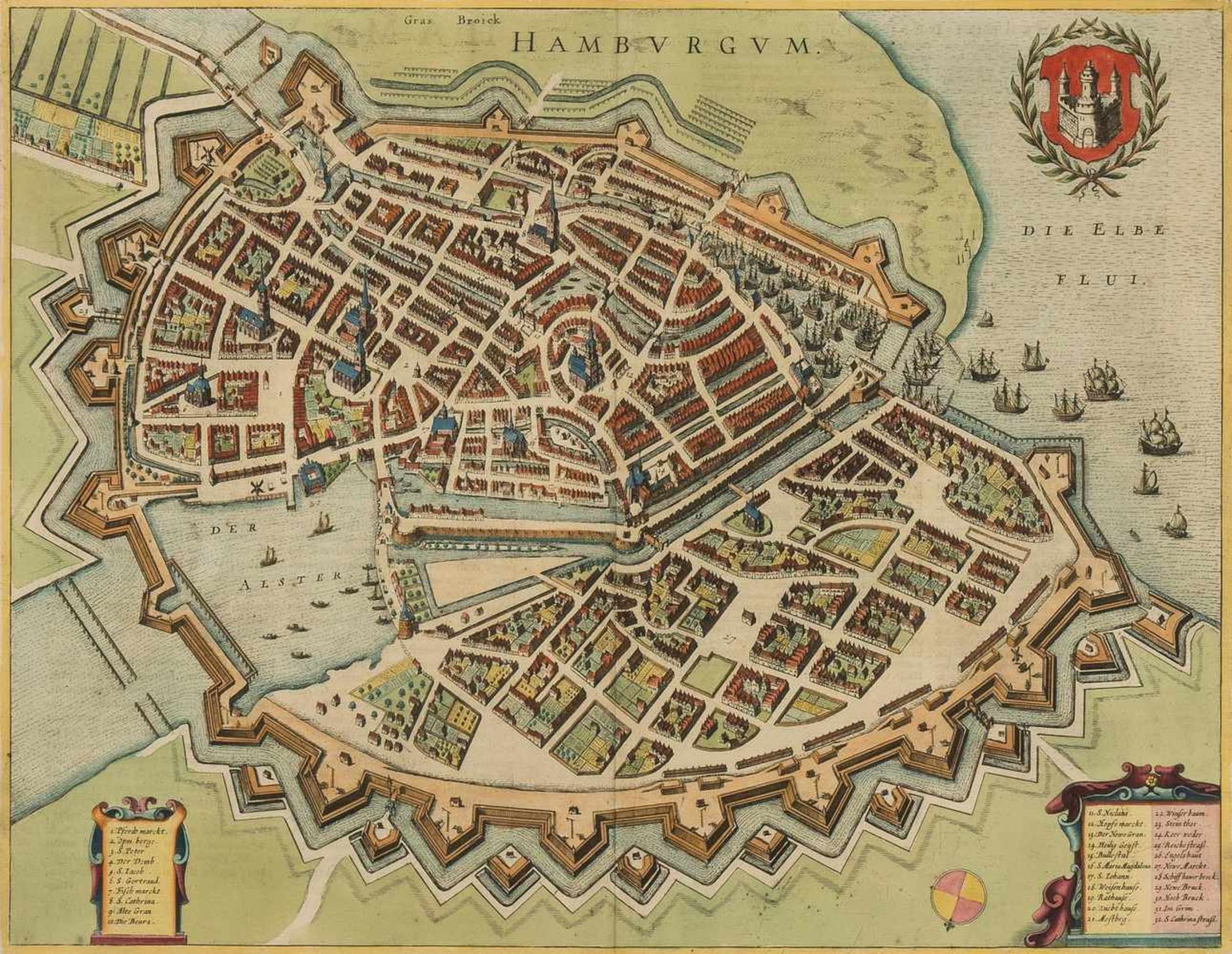 Hamburg "HAMBVRGVM". Kolor. Kupferst. aus Janssons Theatrum, Amsterdam, 1657/60. 38,7x50,2 cm.