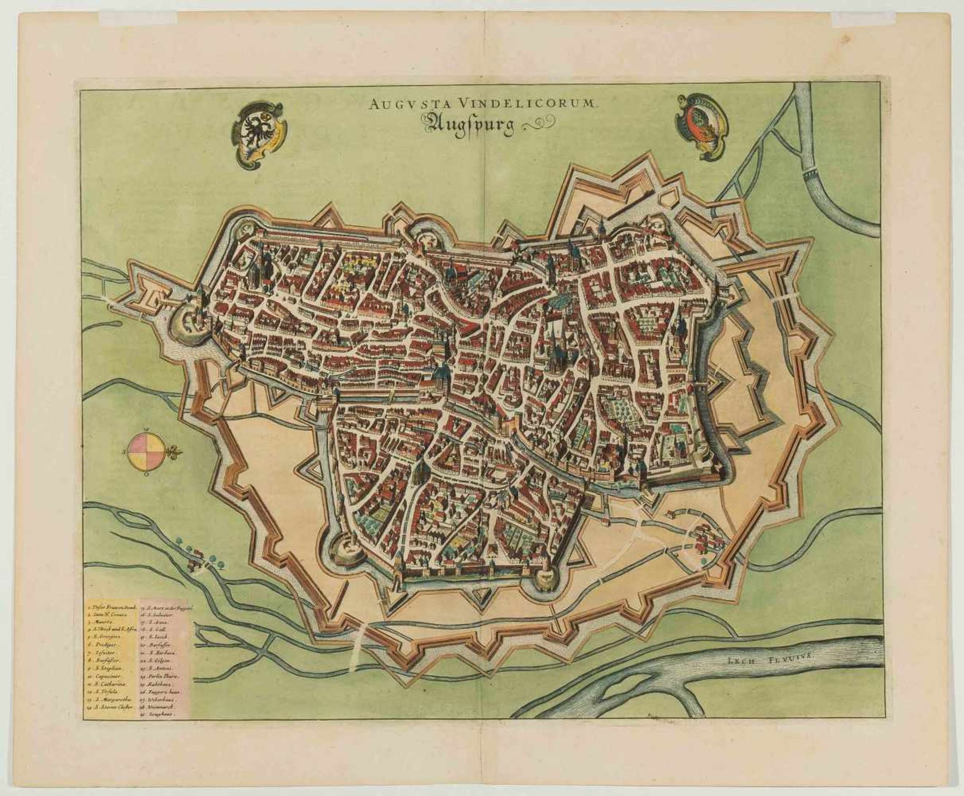 Augsburg "AVGVSTA VINDELICORVM. Augspurg". Kolor. Kupferst. aus Janssons Theatrum, Amsterdam, 1657/ - Bild 2 aus 2