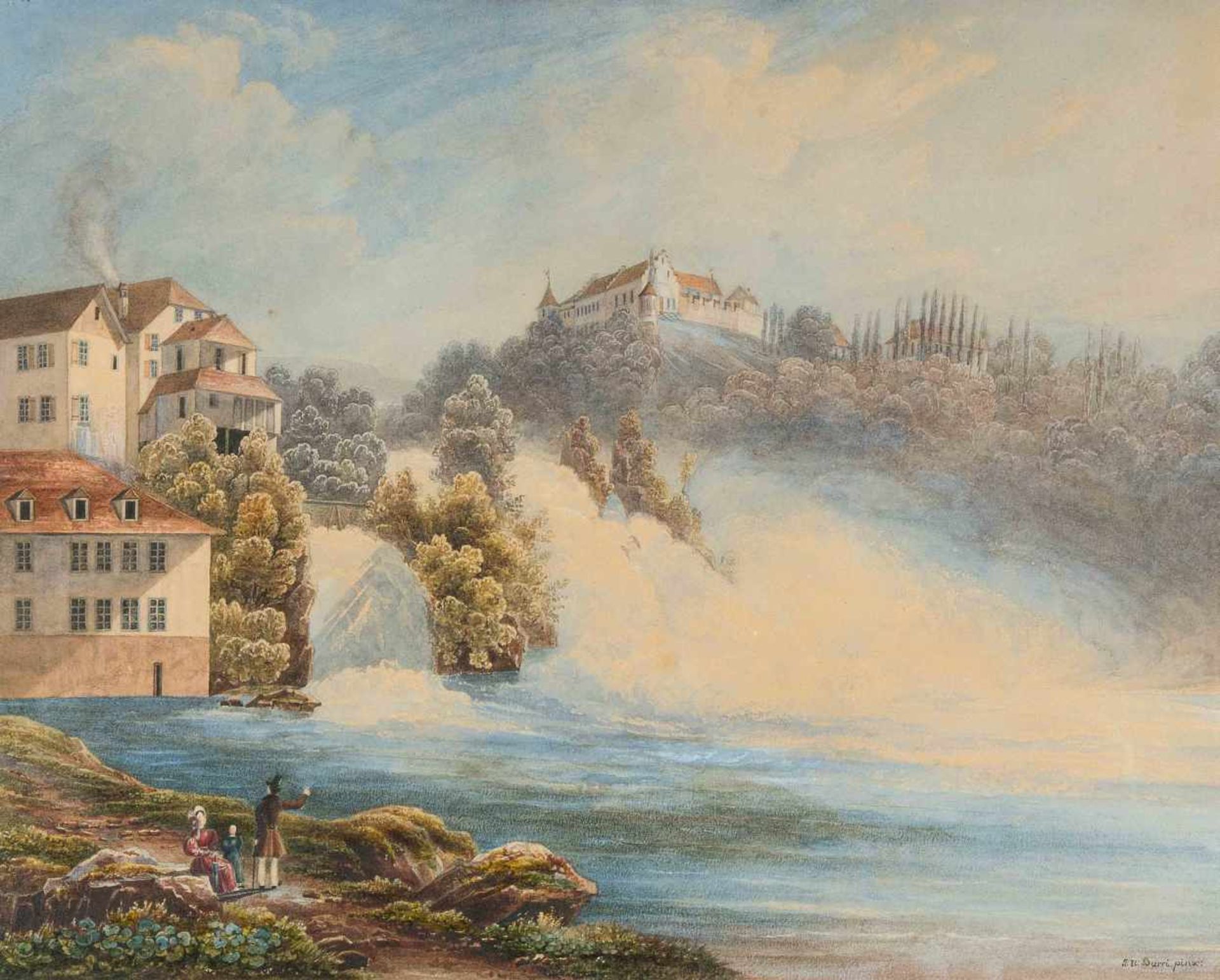 Burri, Johann Ulrich (Weisslingen 1802–1870 Zürich) Blick auf den Rheinfall. Aquarell. Unten