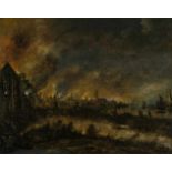 Neer, Aert van der (1603 Amsterdam 1677) Nächtliche Feuersbrunst am Kanal. Öl auf Leinwand. Unten