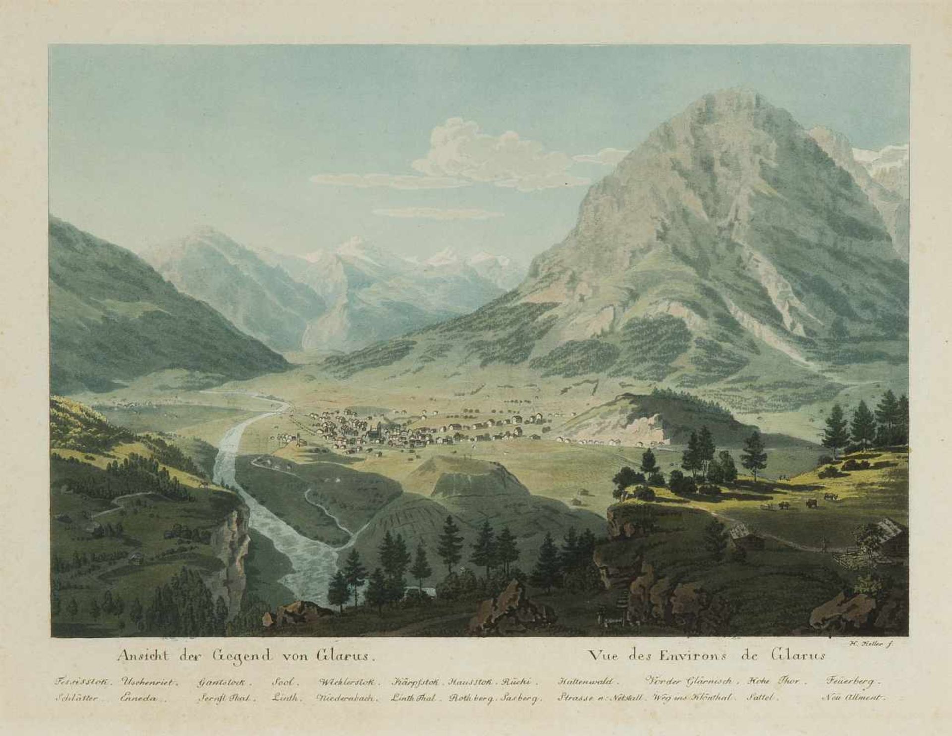 Keller, Heinrich (1778 Zürich 1862) "Ansicht der Gegend von Glarus". Kol. Aquatinta-Radierung um - Bild 2 aus 2