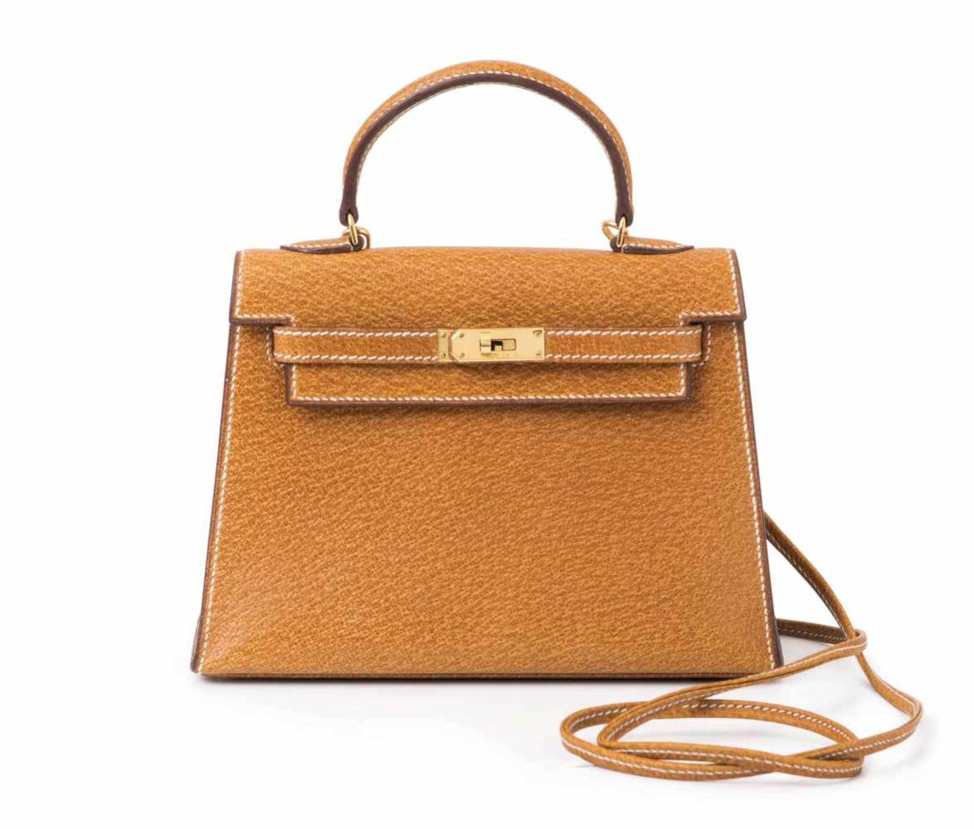Hermès, seltene Handtasche "Micro Kelly" Box-Leder in Farbe "Gold". Gemarkt Hermès / Paris / made in