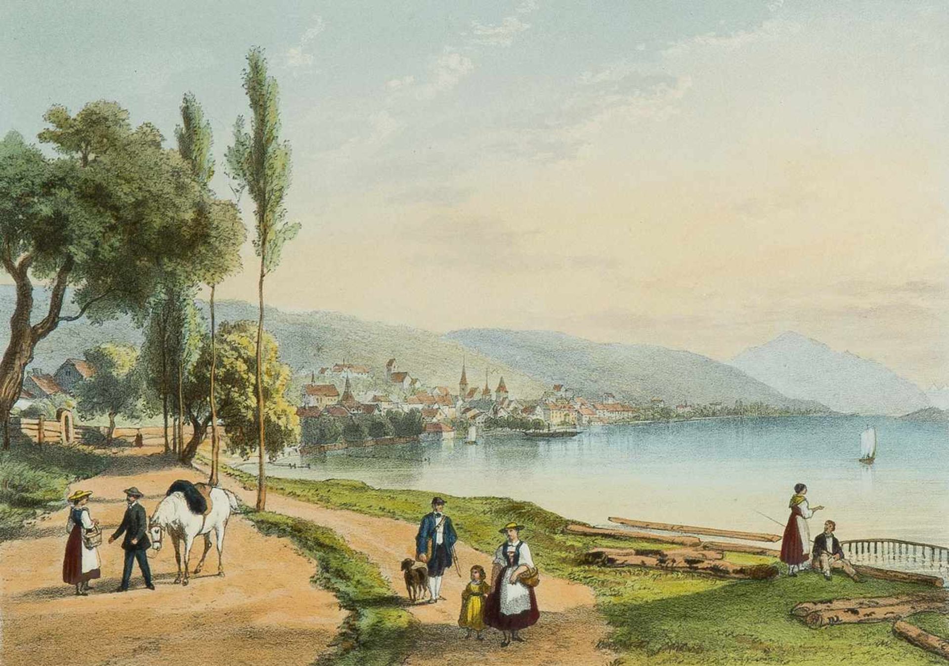 Deroy, Isidore Laurent (1797 Paris 1868) "Zug, Vue prise de la route de Lucerne". Teilkol.