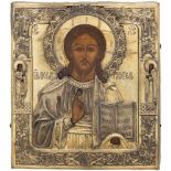 Christus Pantokrator mit Silberoklad Russisch, 19.Jh. (1) Ikone. Tempera über Kreidegrund auf