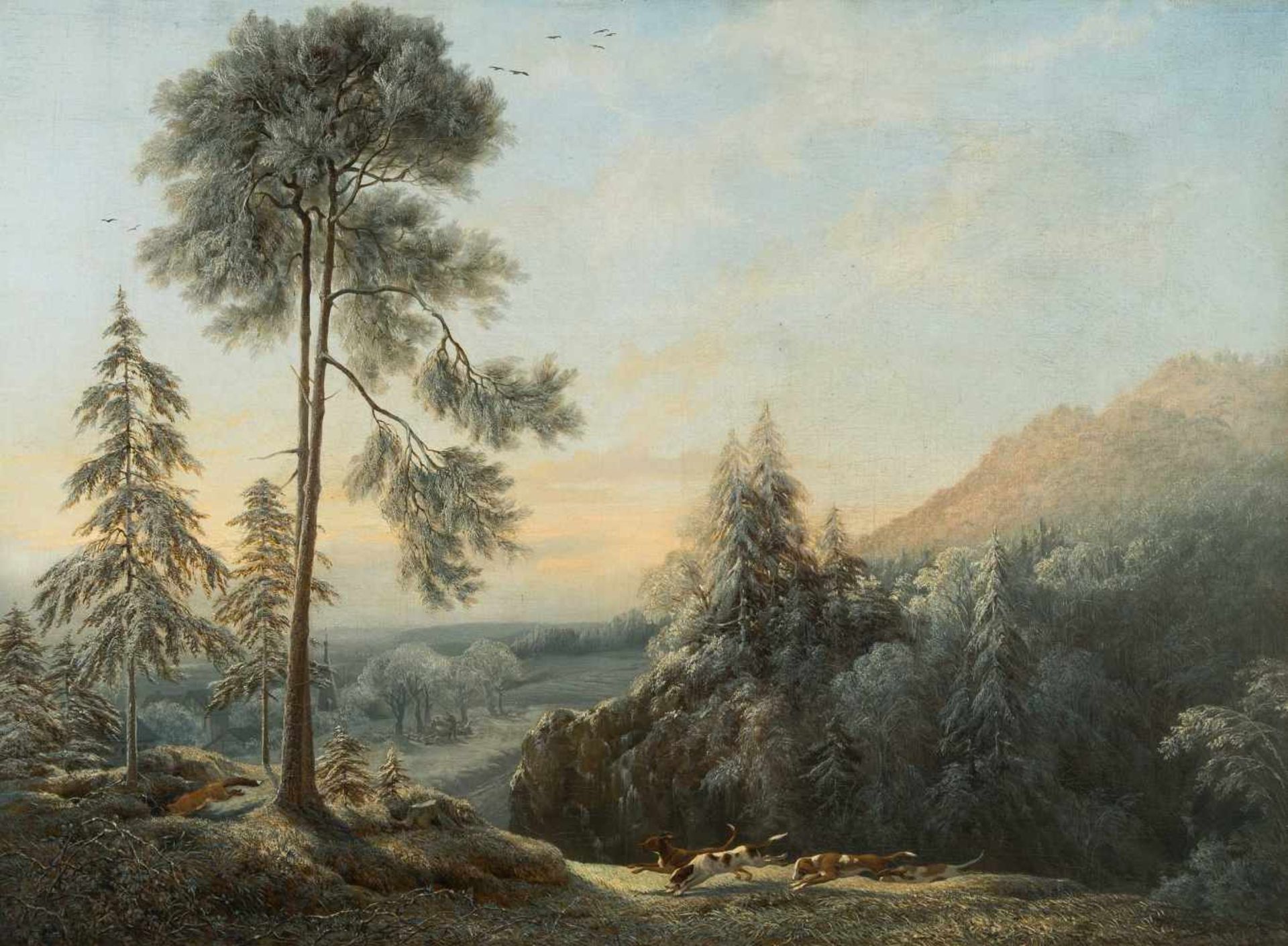 Ulrich, Johann Jakob II. (Andelfingen 1798–1877 Zürich) Fuchsjagd im Spätherbst bei Rauhreif,