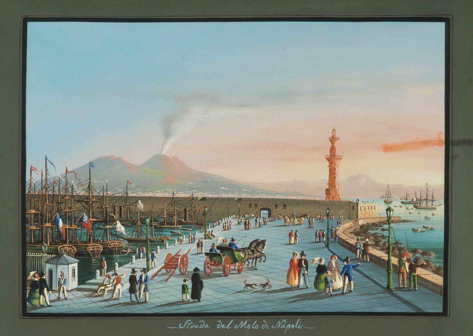 Neapel "Strada del Molo di Napoli". Anonyme Gouache, um 1880. 31x43,5 cm. Gerahmt. - Grau - Bild 2 aus 2