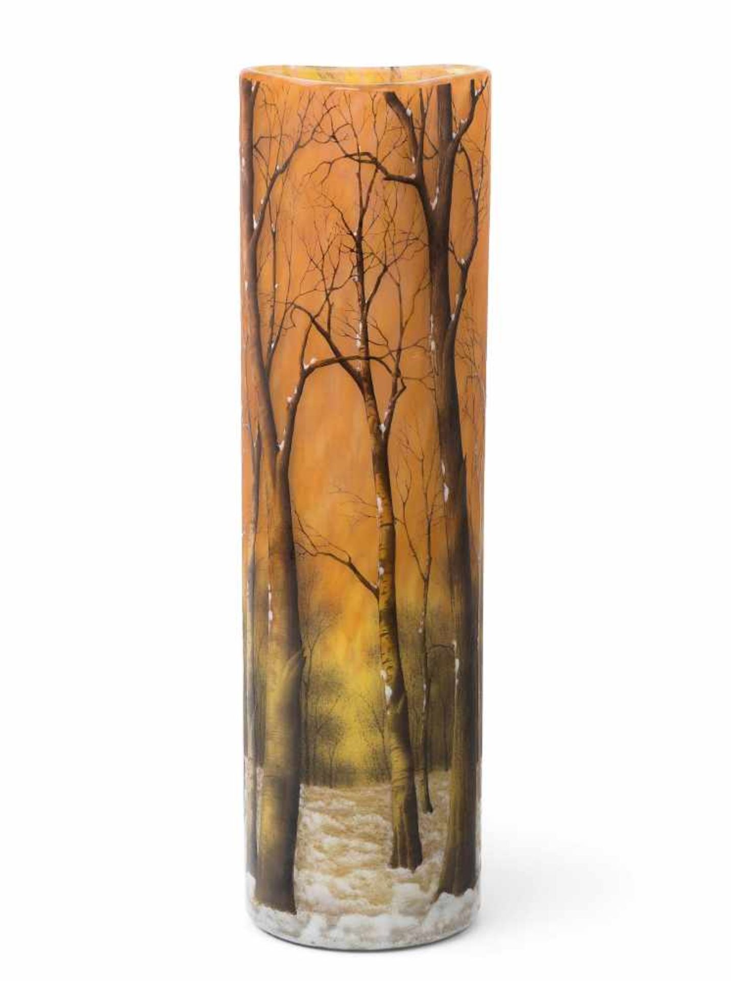 Vase, Daum Um 1900. Farbloses Glas mit gelben und orangen Pulvereinschmelzungen, umlaufend geätzte