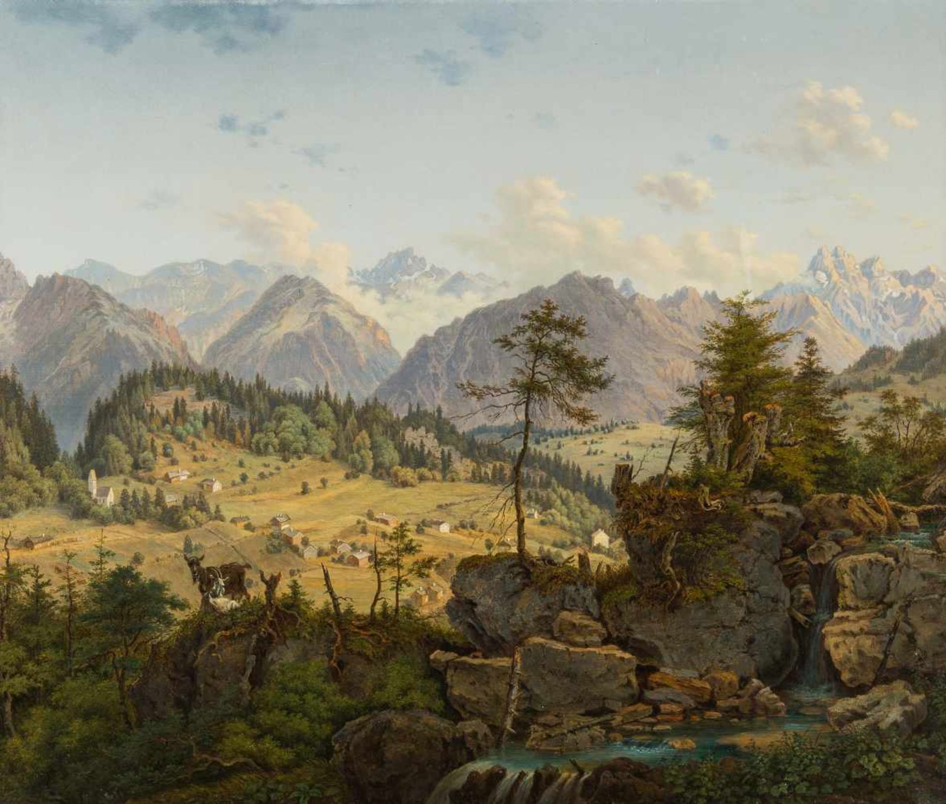 Winterlin, Anton (Degerfelden 1805–1894 Basel) Sommerliche Gebirgslandschaft mit Hochtal, 1855. Öl