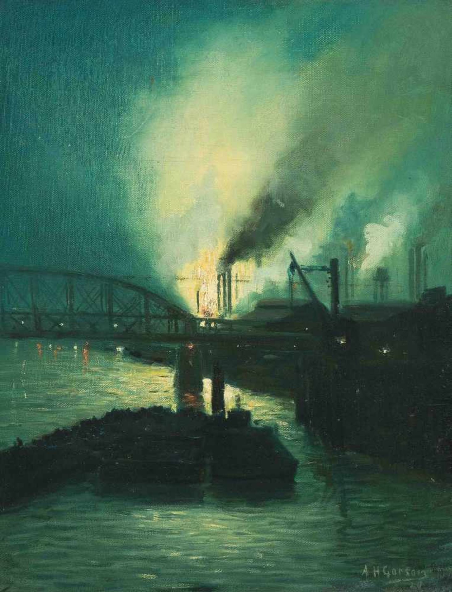 Gorson, Aaron Henry (Kaunas, Litauen 1872–1933 New York) Nächtliche Industrielandschaft. 1920. Öl