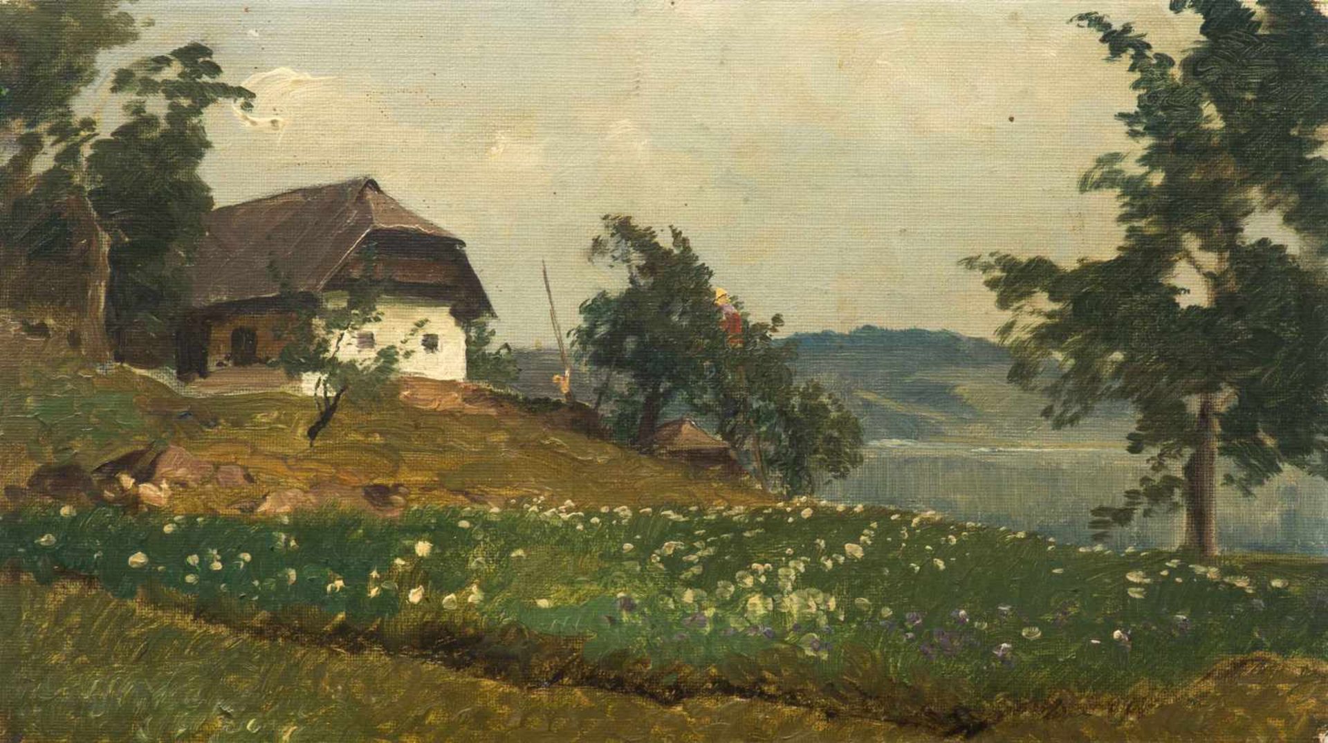 Wopfner, Josef (Schwaz/Tirol 1843–1927 München) Landschaft mit Bauernhof über einem See. Öl auf